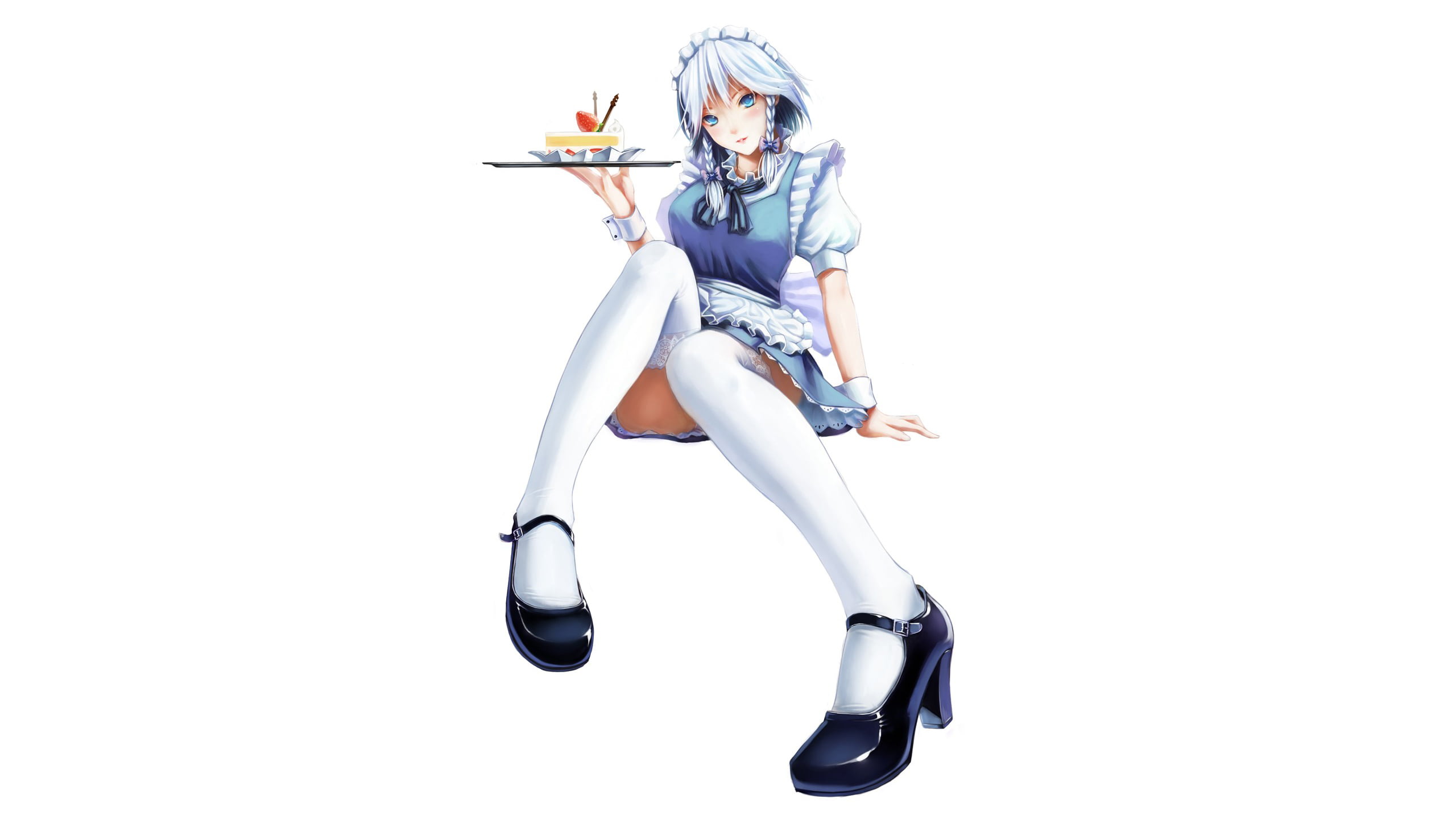 blue eyes, maid, anime girls, 2K, short hair, sitting, thigh-highs, simple background, braids, maiden, Touhou, cake, Izayoi Sakuya, gray hair, HD Wallpaper