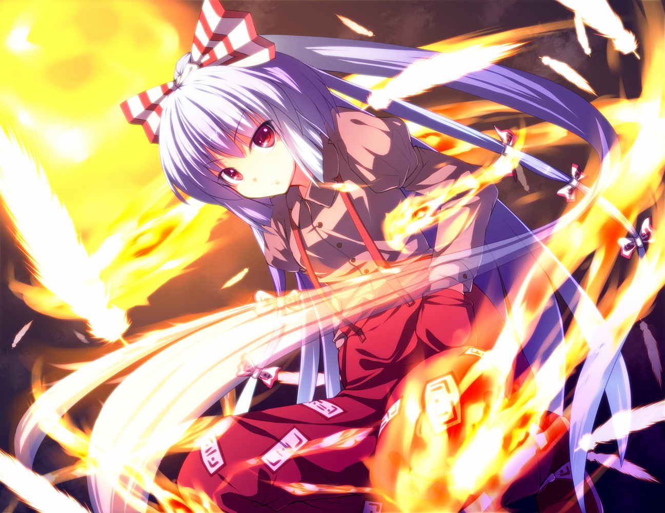 Red, Anime, 720P, Fujiwara no Mokou, Feather, Touhou, Shrine Maiden, Flame, Fire, HD Wallpaper