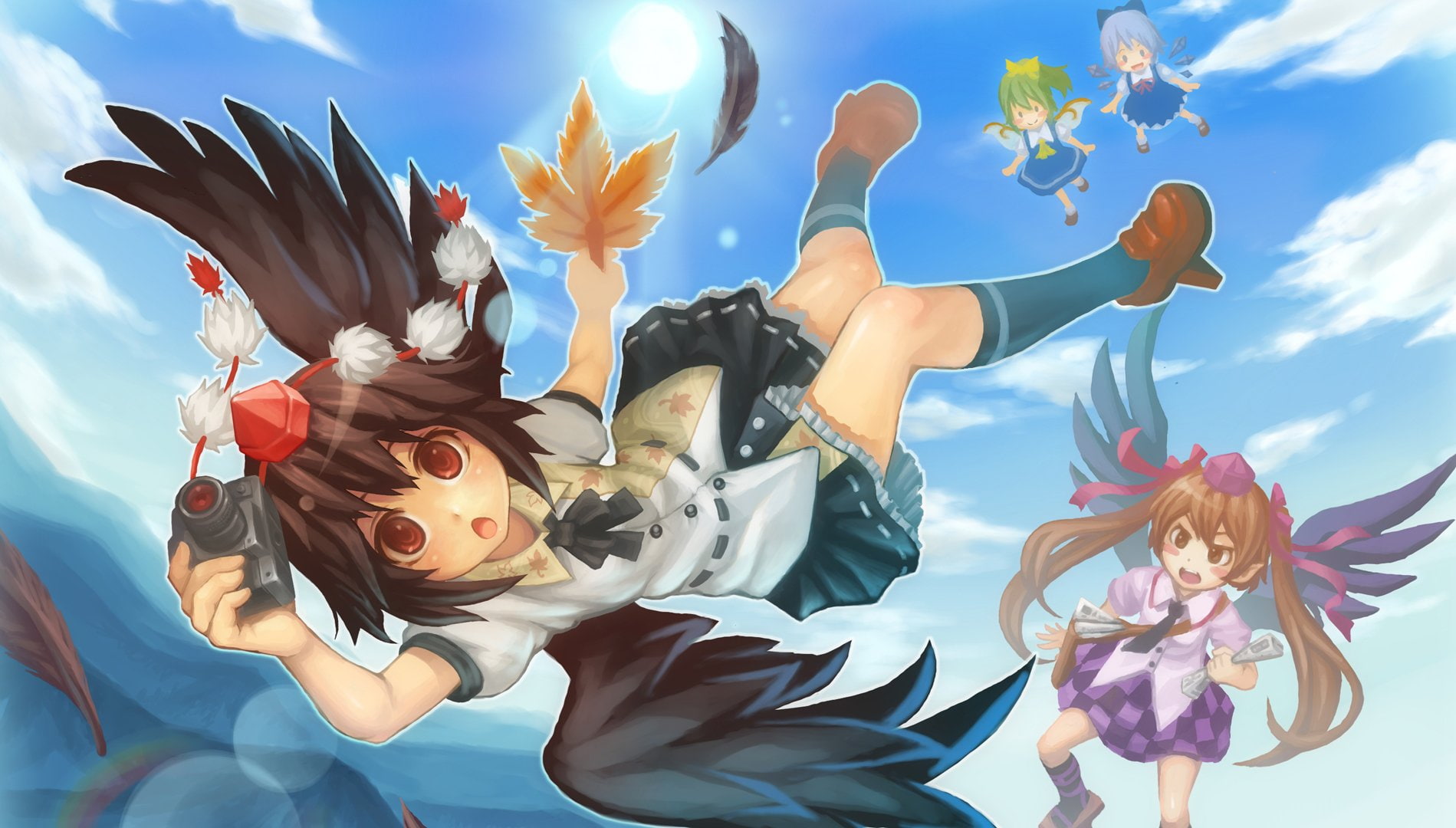 Touhou, 720P, Anime, Cirno (Touhou), Sky, Aya Shameimaru, Shrine, Hatate Himekaidou, Daiyousei (Touhou), Maiden, HD Wallpaper