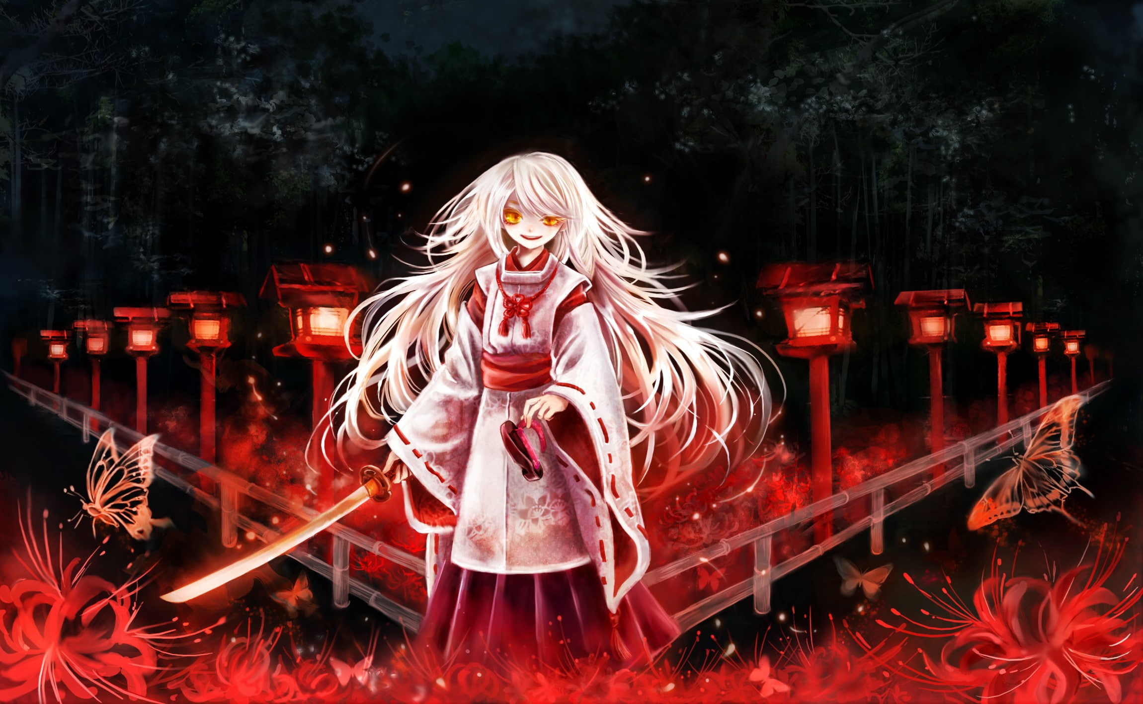 shrine, eyes, Flowers, yellow, outfit, maiden, white, long, art, butterflies, hd, hair, long hair, weapons, 1080P, japanese, animals, clothes, HD Wallpaper