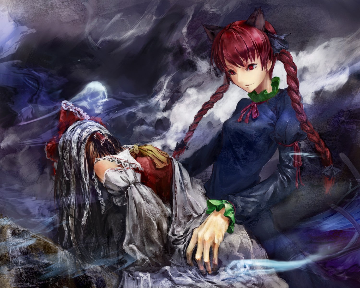detached, shrine, miko, kaenbyou, sleeves, 720P, japanese, dress, tails, maiden, ears, cat, braids, redheads, corpse, bows, nekomimi, red, long, rin, hair, HD Wallpaper