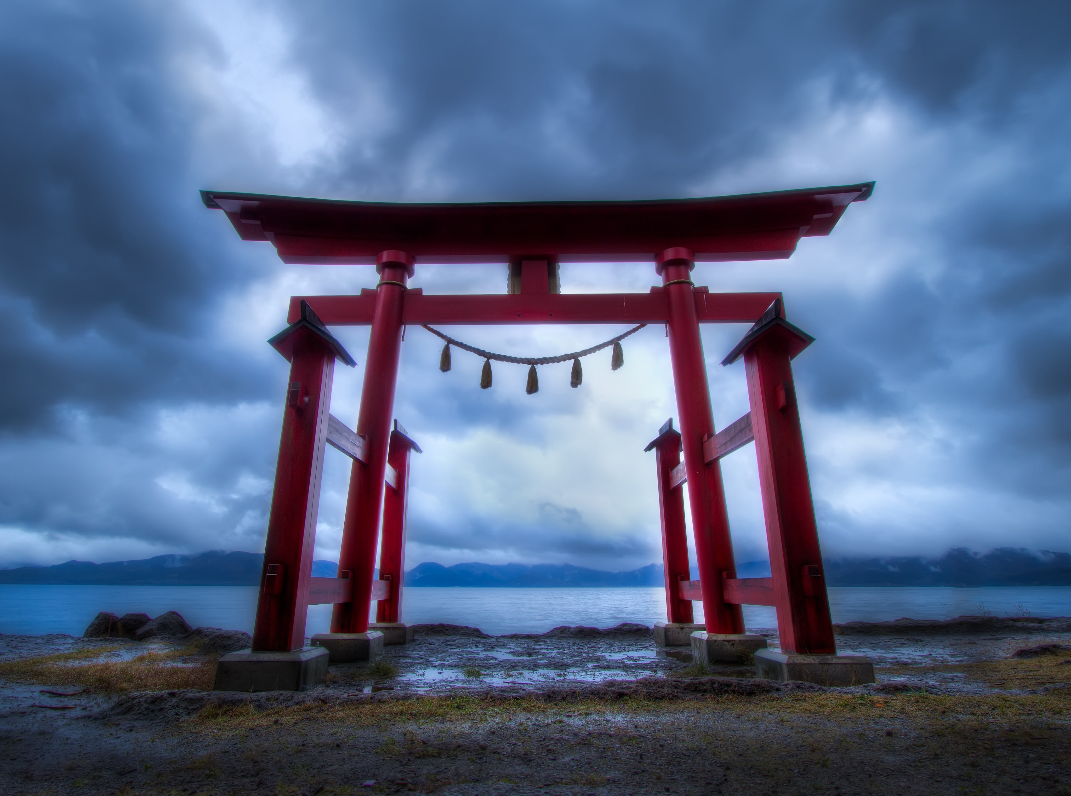 Cloudy, architectural column, Akita, Torii, land, scenics - nature, water, Lake, beauty in nature, red, Beautiful, senbokushi, Tohoku, Hachimantai, religion, HD Wallpaper