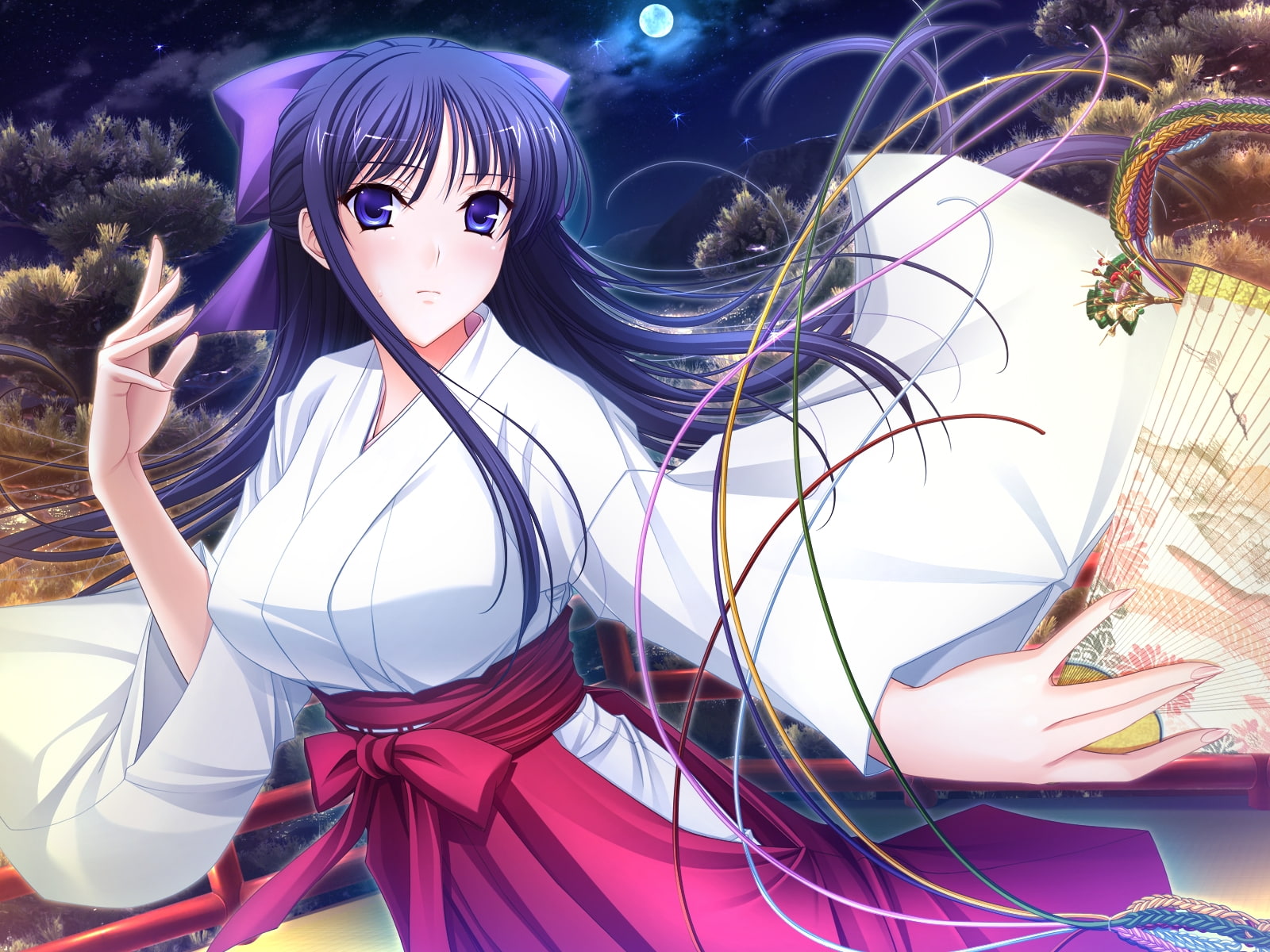 long, night, game, 720P, kimono, komori, kei, romanze, fan, ryuzouji, hair, bow, moon, akane, stars, japanese, clothes, eyes, blue, walkure, HD Wallpaper