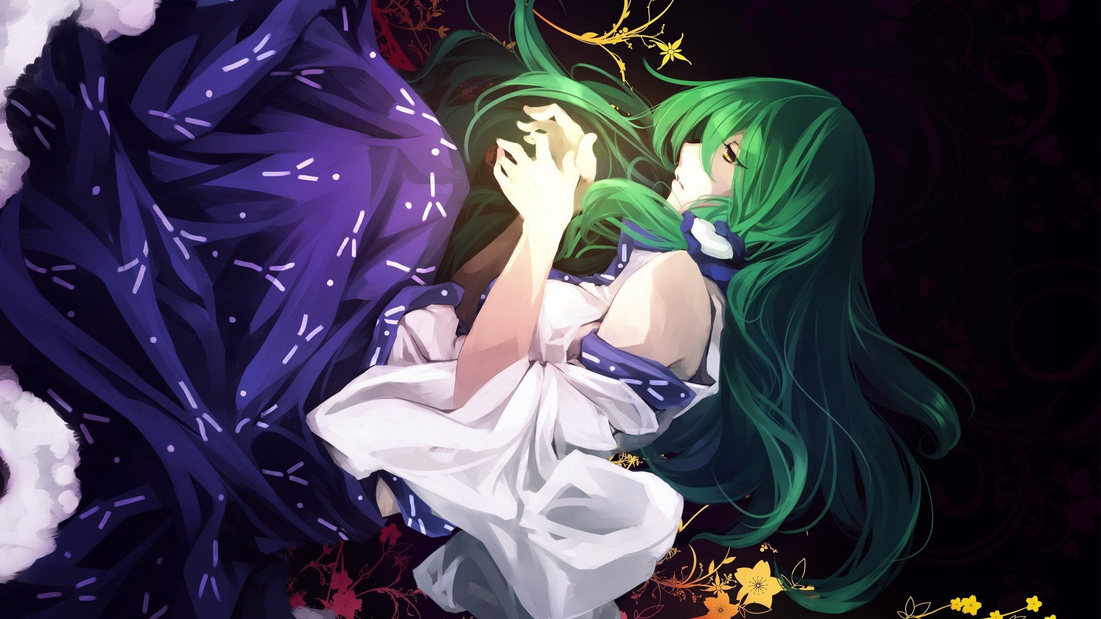 ornaments, 1080P, ponytails, touhou, kochiya, shoulders, video, sanae, eyes, clothes, yellow, long, detached, green, miko, bare, japanese, hair, flowers, HD Wallpaper