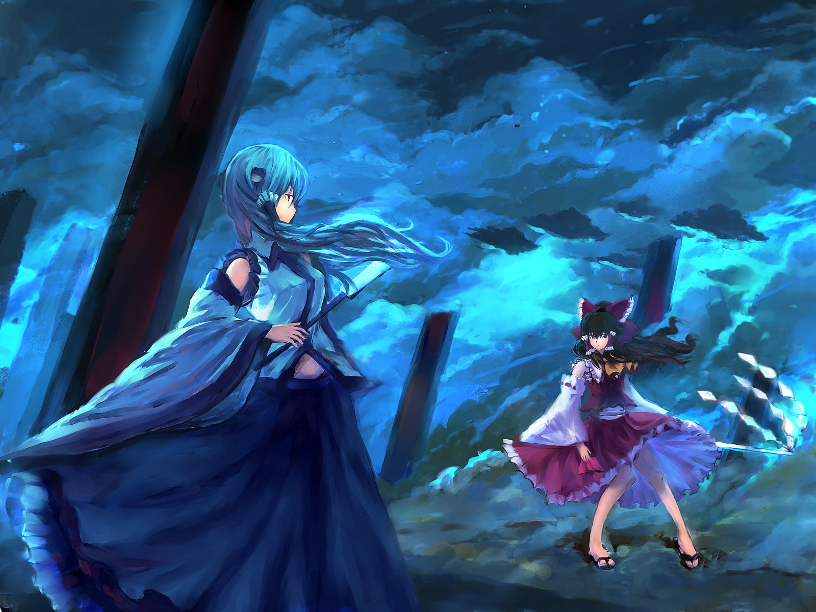 kochiya, staff, hakurei, brunettes, video, 720P, skyscapes, japanese, gohei, detached, blue, girls, miko, shoulder, clothes, clouds, bare, skies, sleeves, HD Wallpaper