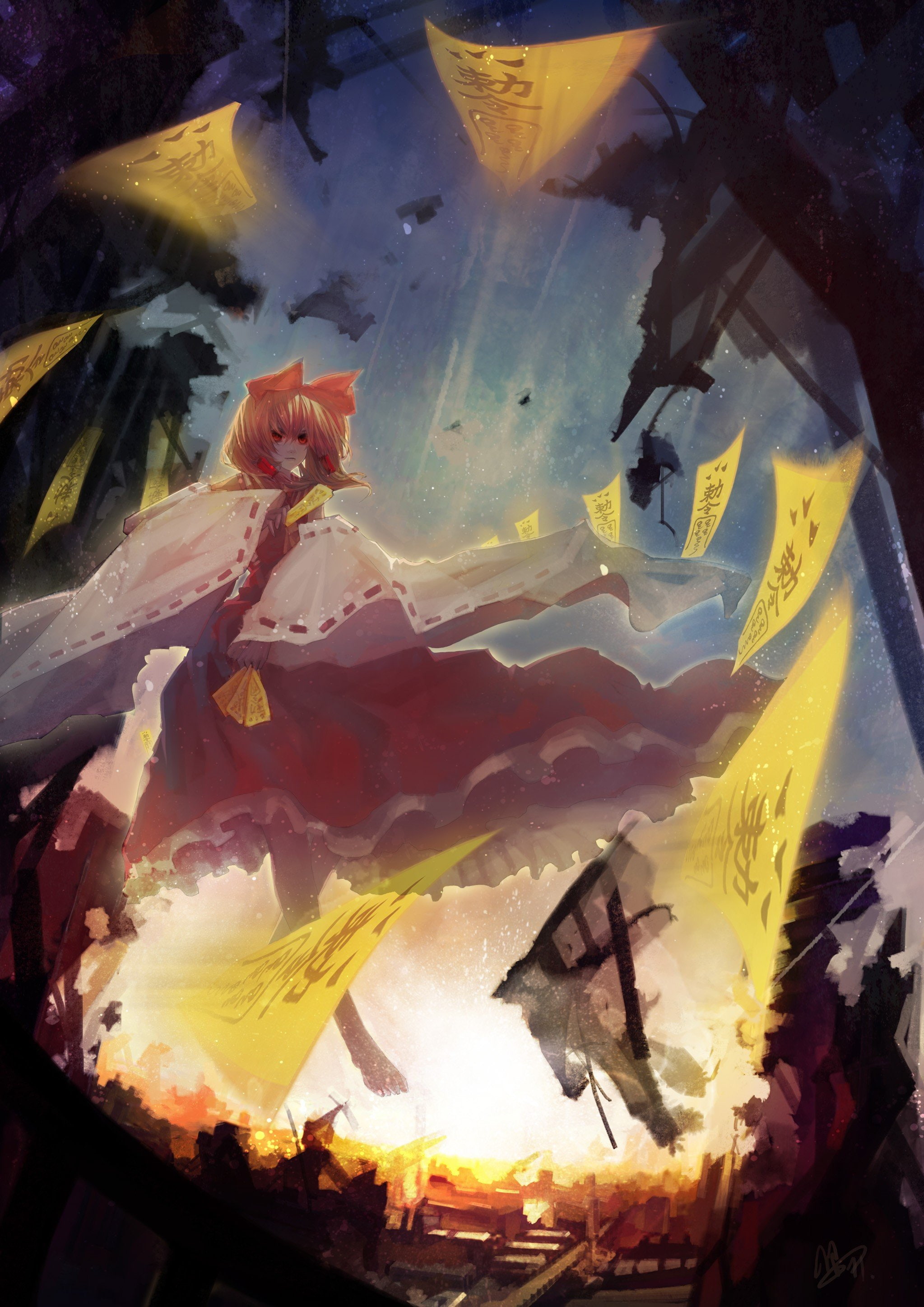 hair, sleeves, video, games, reimu, sunlight, barefoot, floating, detached, touhou, short, ofuda, skies, shoulders, eyes, red, blondes, dress, hakurei, Phone HD Wallpaper