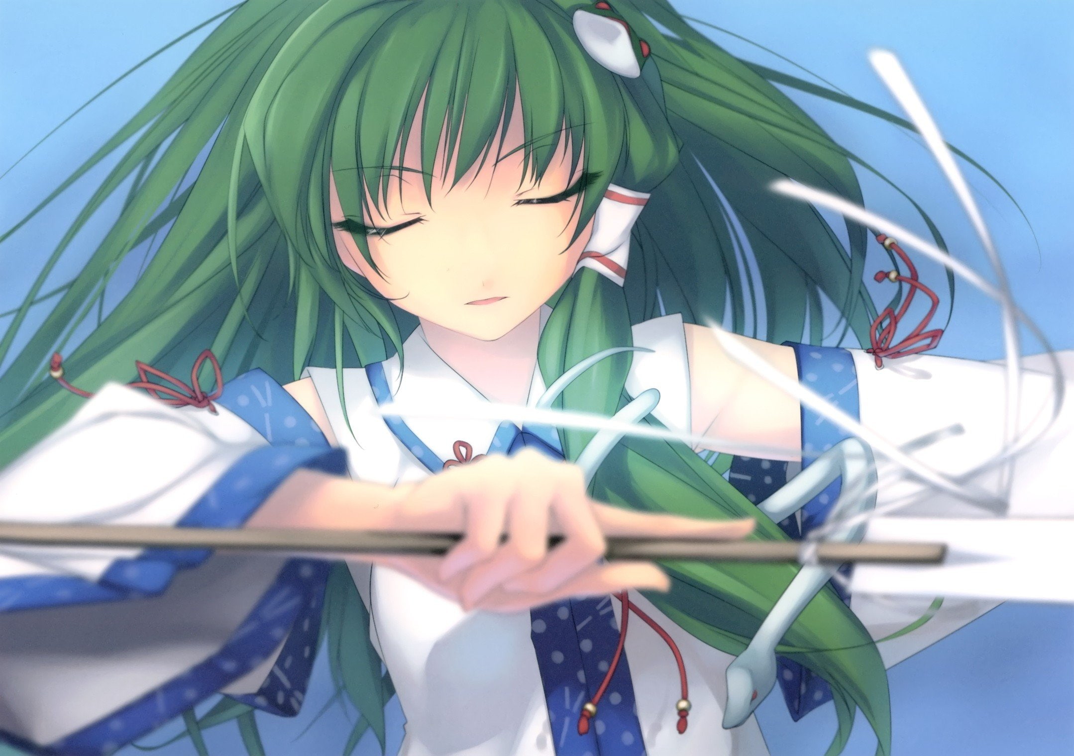 Green Hair, Kochiya Sanae, Hair Ornament, Detached Sleeves, Bangs, Long Hair, 1080P, Closed Eyes, ribbon, video games, snake, Open Mouth, Miko, Japanese Clothes, HD Wallpaper