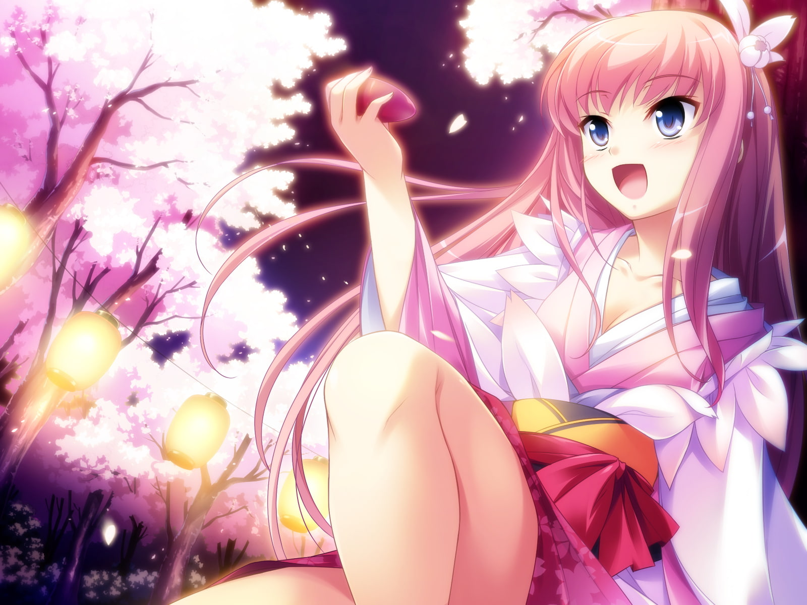 yashima, sakuya, japanese, cherry, pink, clothes, 720P, takahiro, tree, sake, petals, fujimiya, game, hair, blossoms, love, kami, kimono, eyes, blue, HD Wallpaper