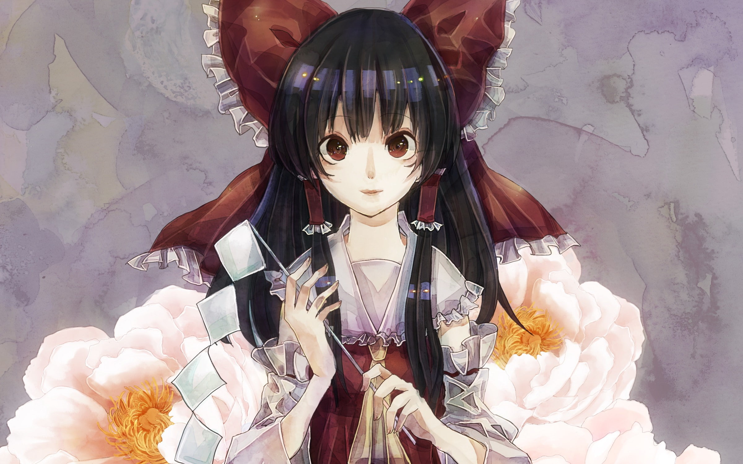japanese, hair, flowers, detached, red, gohei, clothes, games, sleeves, miko, video, bows, reimu, eyes, 1080P, black, touhou, hakurei, long, ornaments, HD Wallpaper