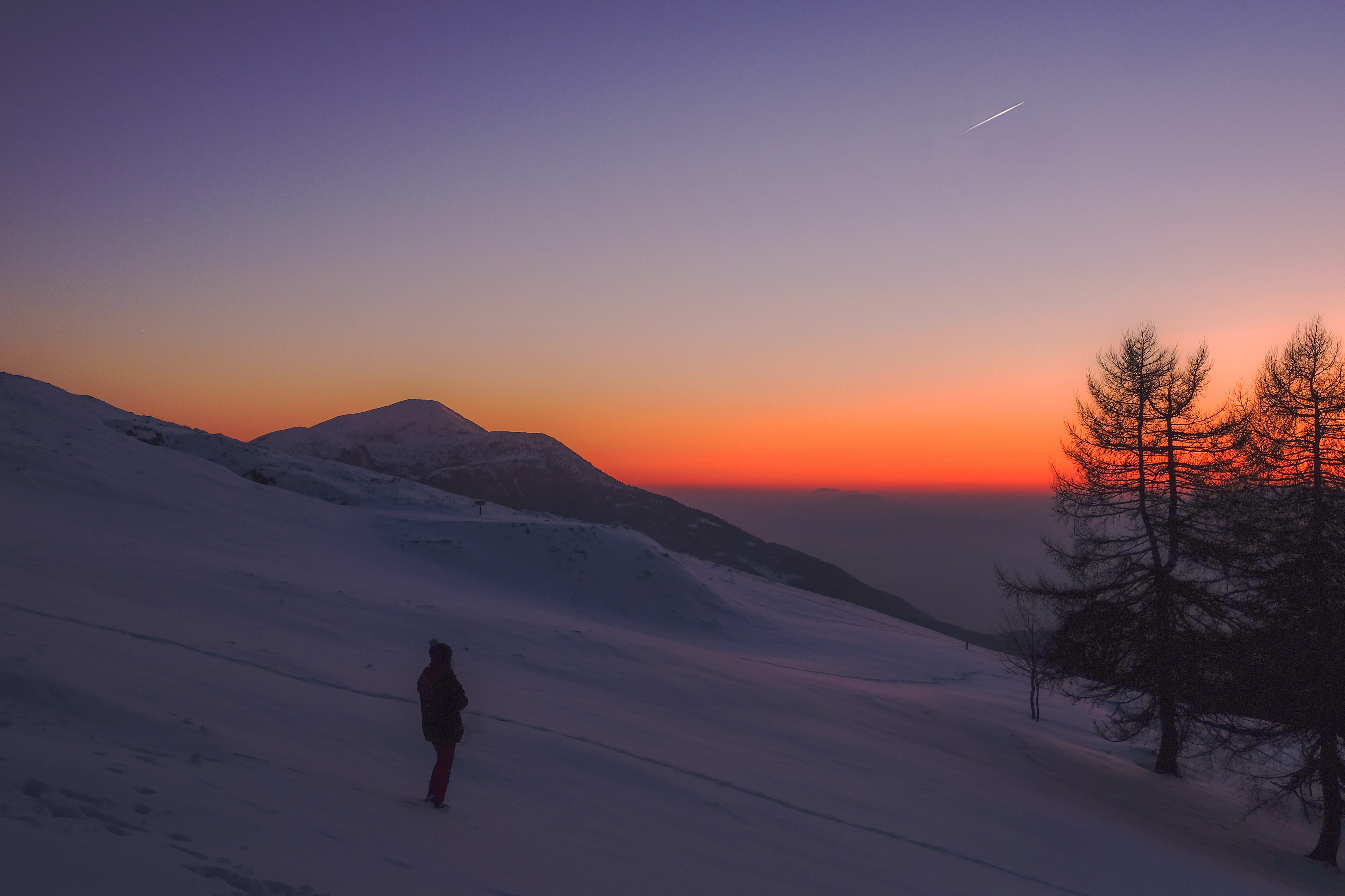 tree, snow, sunset, winter, monte biaena, gold, night, one person, cold temperature, leisure activity, orange color, fujifilm, tranquility, tranquil scene, HD Wallpaper