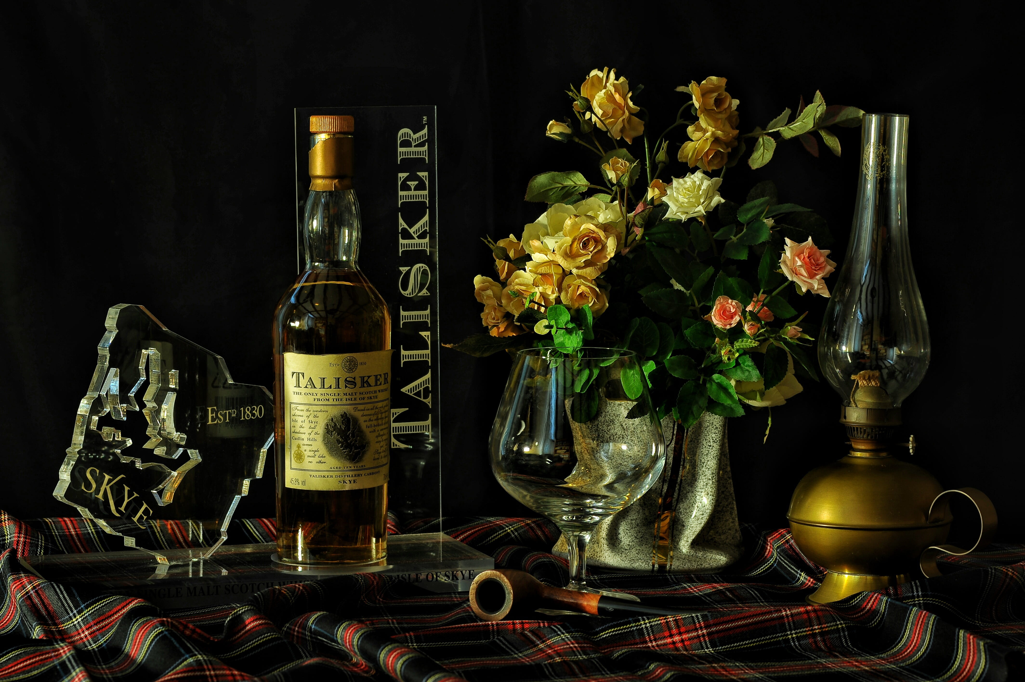 black background, indoors, alcohol, desk, close-up, food and drink, luxury, freshness, glass - material, flower, bottle, no people, Flowers, vulnerability, HD Wallpaper
