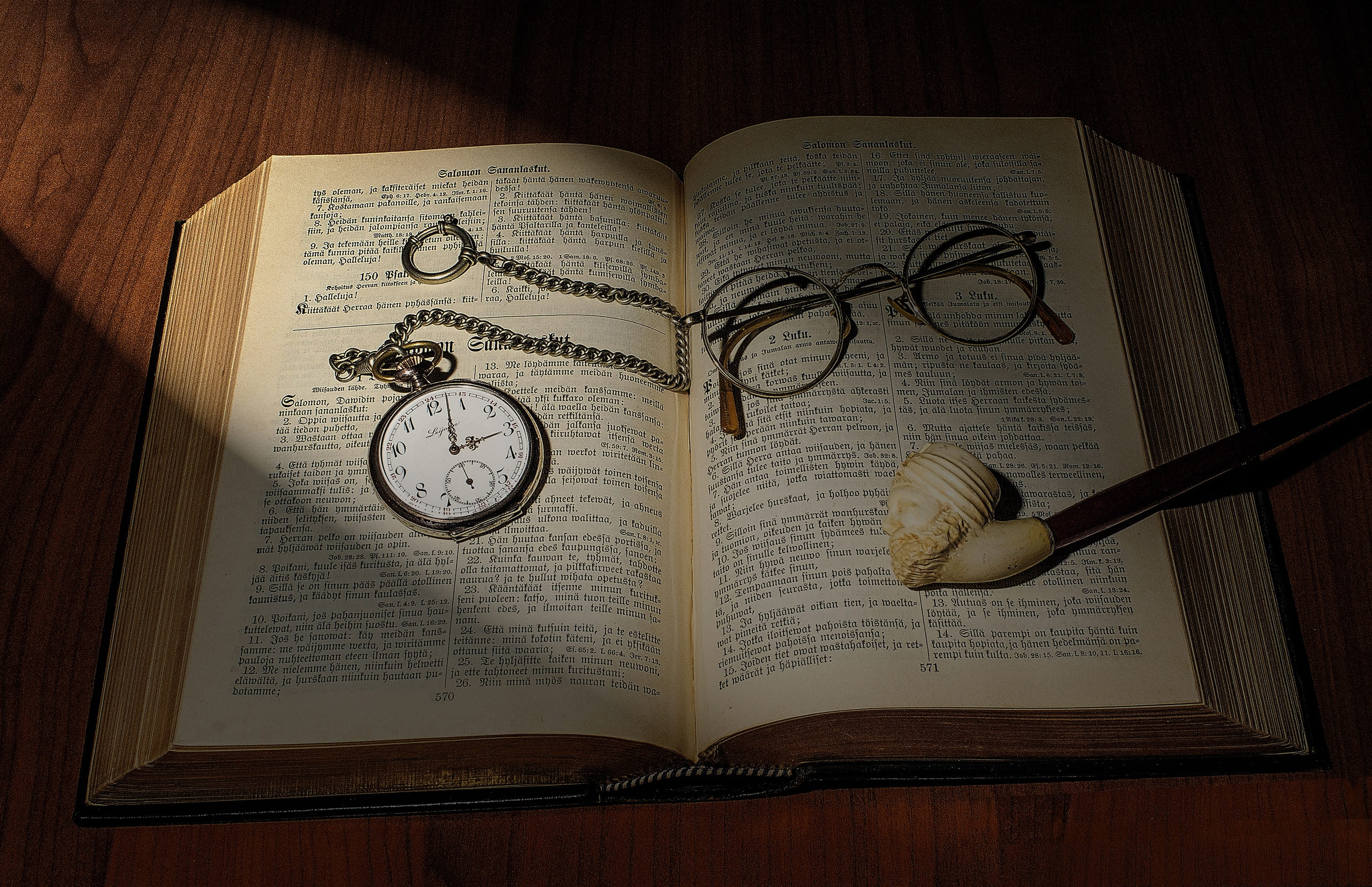 Book, Watch, table, Glasses, text, western script, education, music, page, musical note, close-up, directly above, Bible, indoors, publication, paper, wood - material, HD Wallpaper