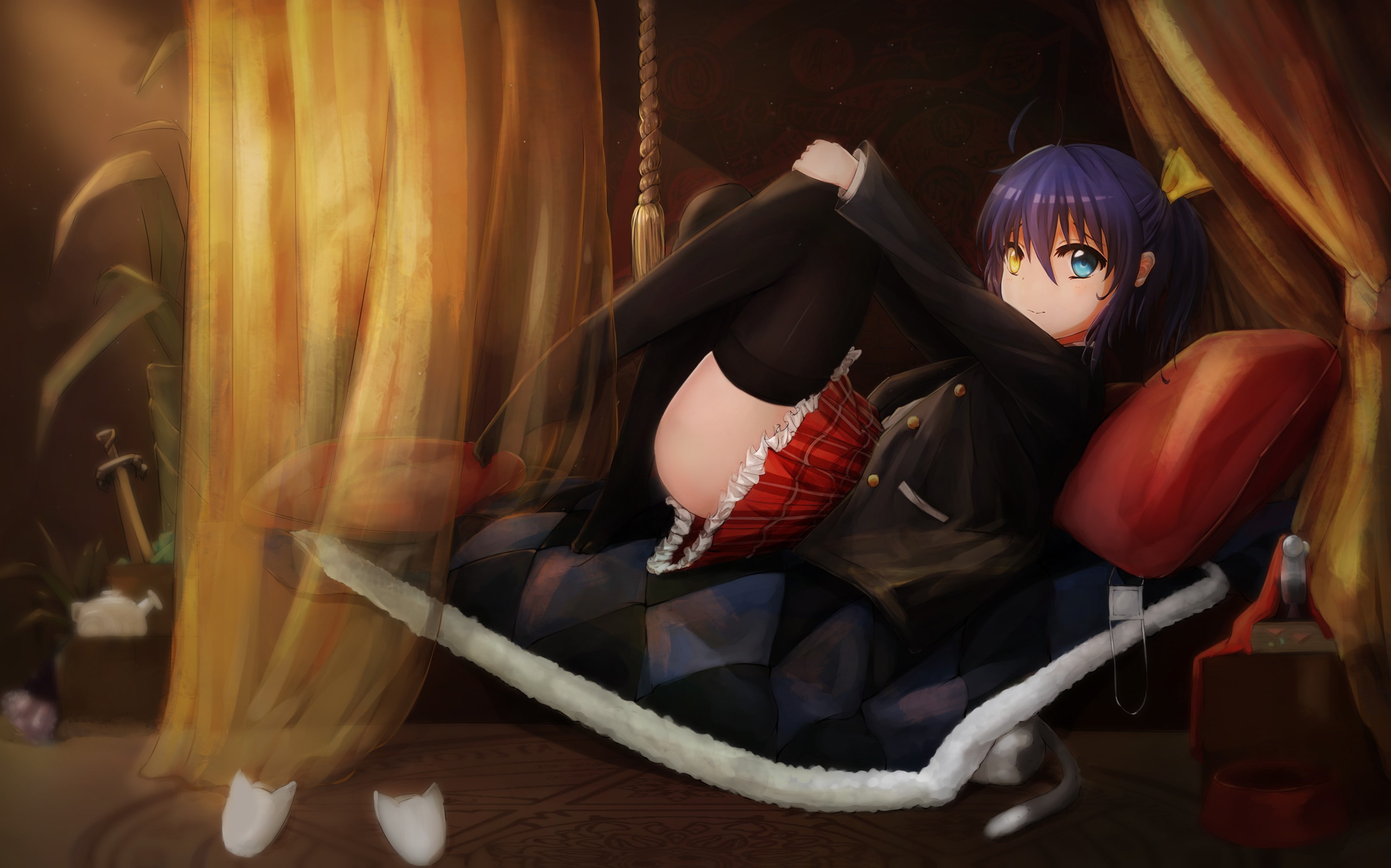 heterochromia, Takanashi Rikka, skirt, ahoge, Chuunibyou demo Koi ga Shitai!, thigh-highs, 2K, HD Wallpaper