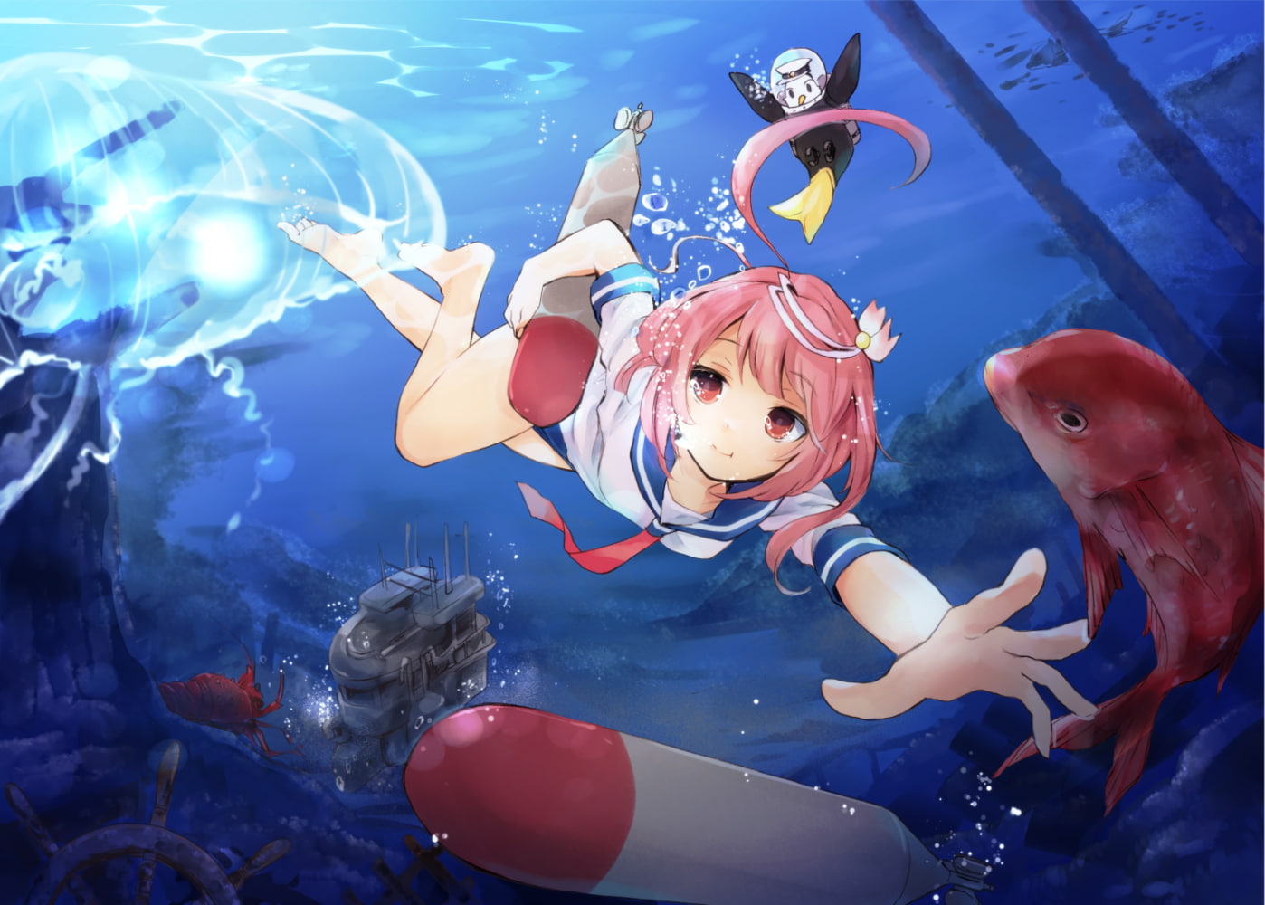 ahoge, pink hair, Kantai Collection, I-58 (KanColle), 720P, anime girls, underwater, HD Wallpaper