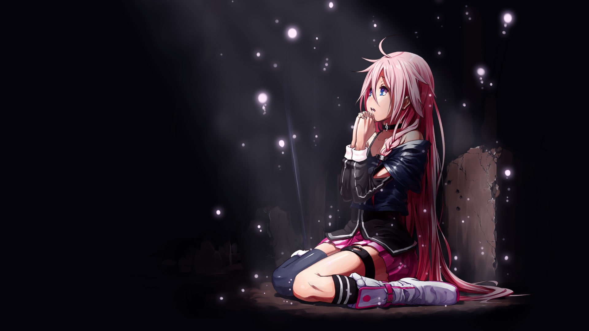 boots, ahoge, Vocaloid, blue eyes, anime girls, open mouth, choker, IA (Vocaloid), braids, hair ornament, 1080P, knee-highs, skirt, long hair, sitting, HD Wallpaper