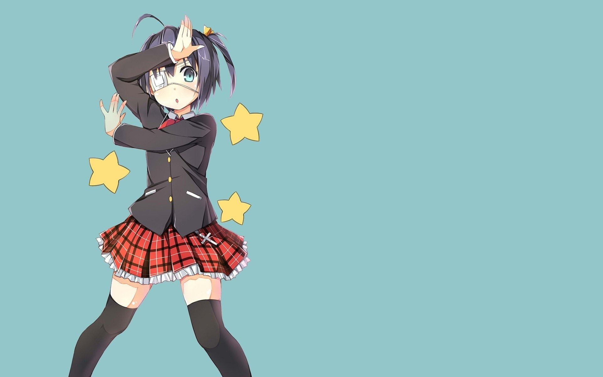 anime, uniforms, seifuku, 1080P, school, blue, eyes, hair, eyepatch, girls, background, ahoge, simple, HD Wallpaper