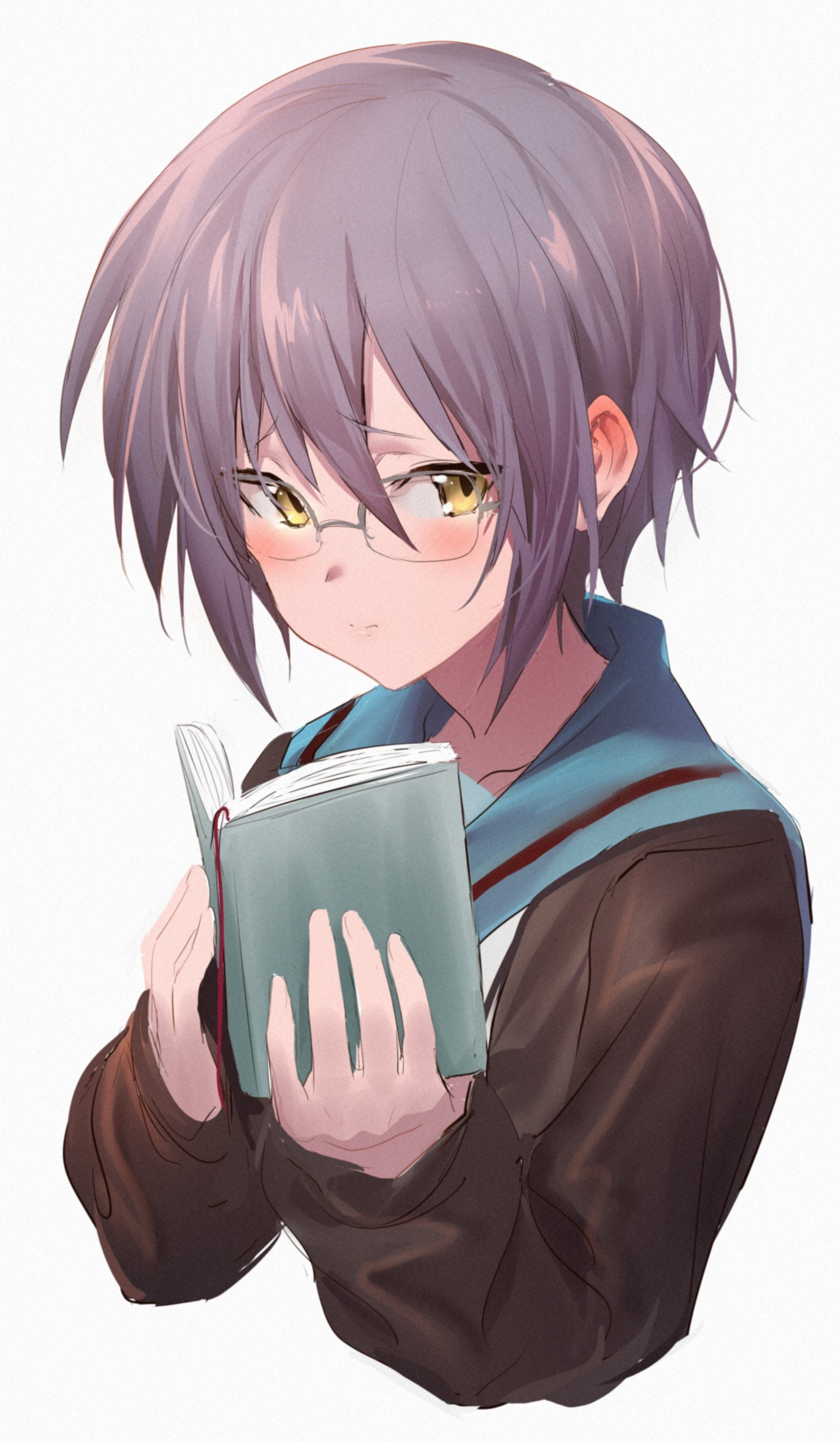 anime girls, cardigan, anime, simple background, purple hair, solo, yellow eyes, book cover, fan art, meganekko, vertical, short hair, Nagato Yuki, women with glasses, Phone HD Wallpaper