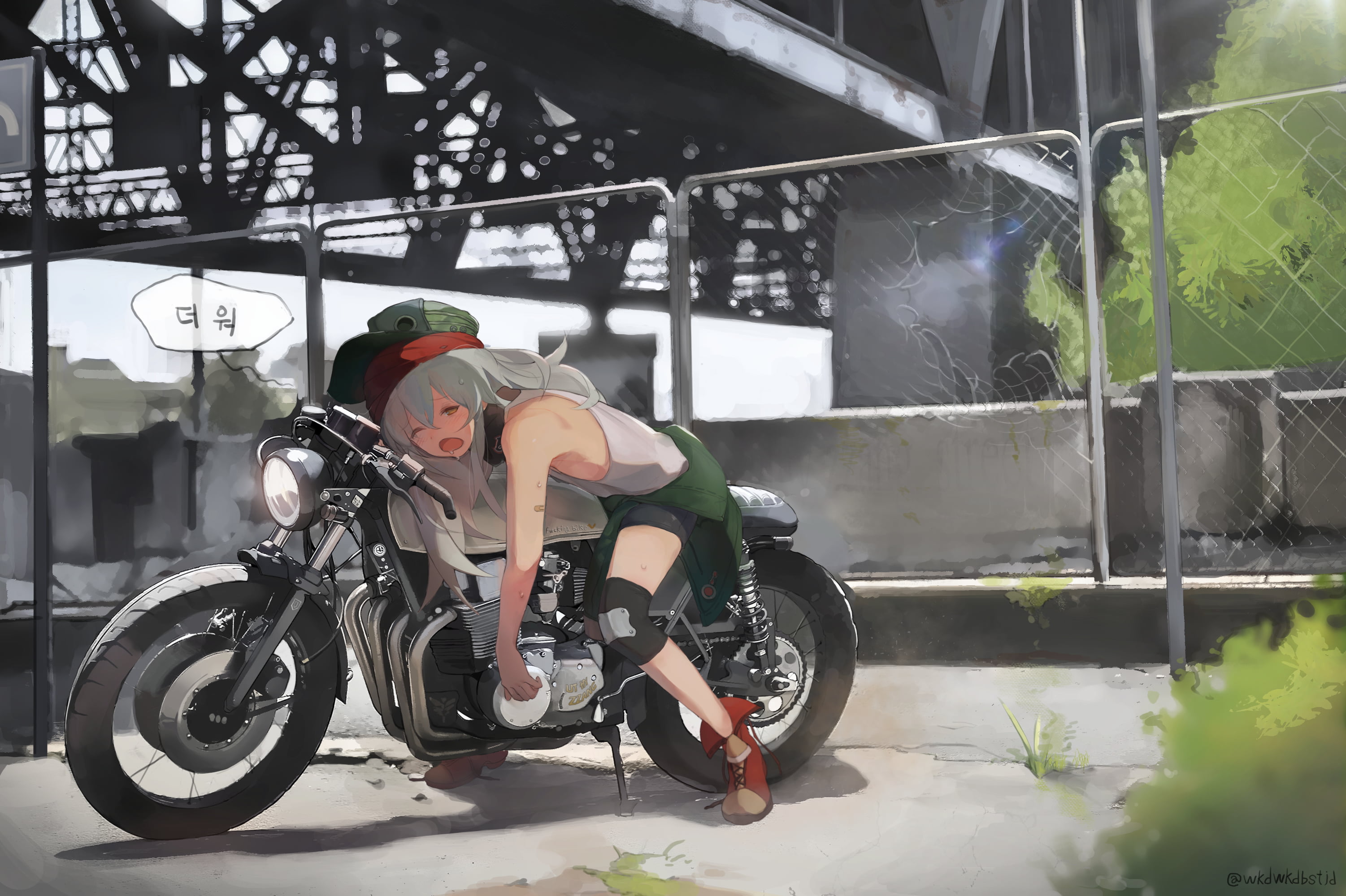 digital art, 2D, anime, baseball caps, short shorts, women, drawing, fan art, humor, lying on front, open mouth, depth of field, artwork, yellow eyes, Bushes, HD Wallpaper