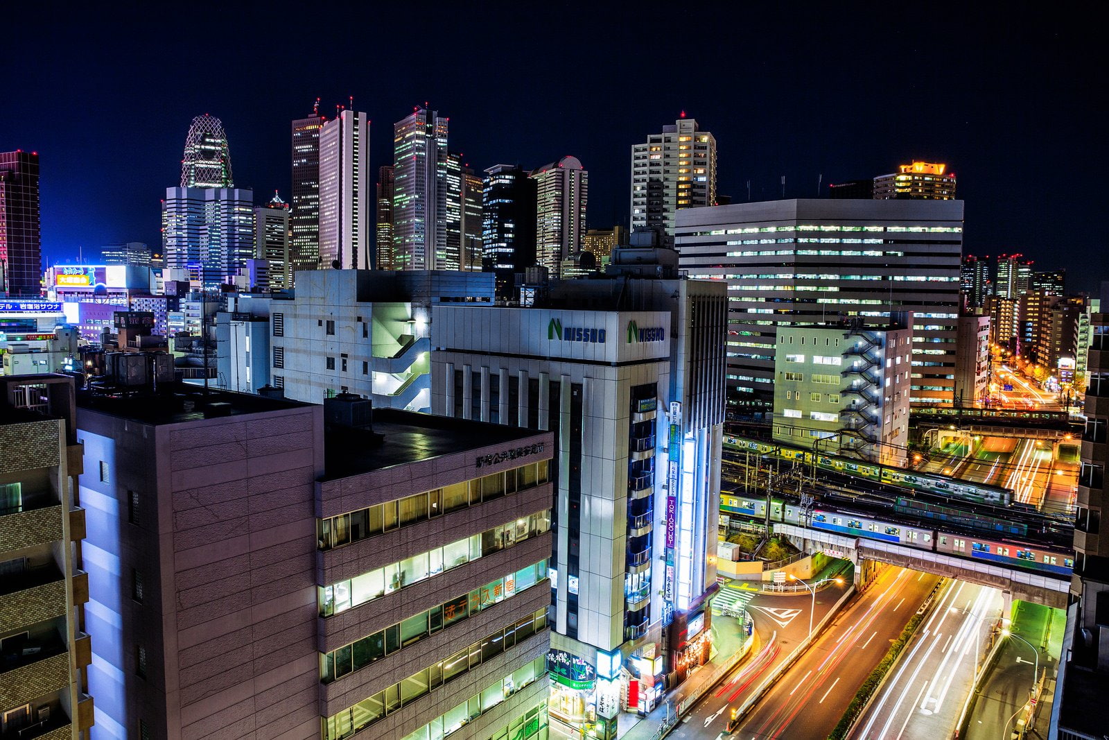bridges, japon, tower, tokyo, night, cities, 720P, light, way, towers, monuments, building, ray, rivers, architecture, japan, panoramic, panorama, HD Wallpaper