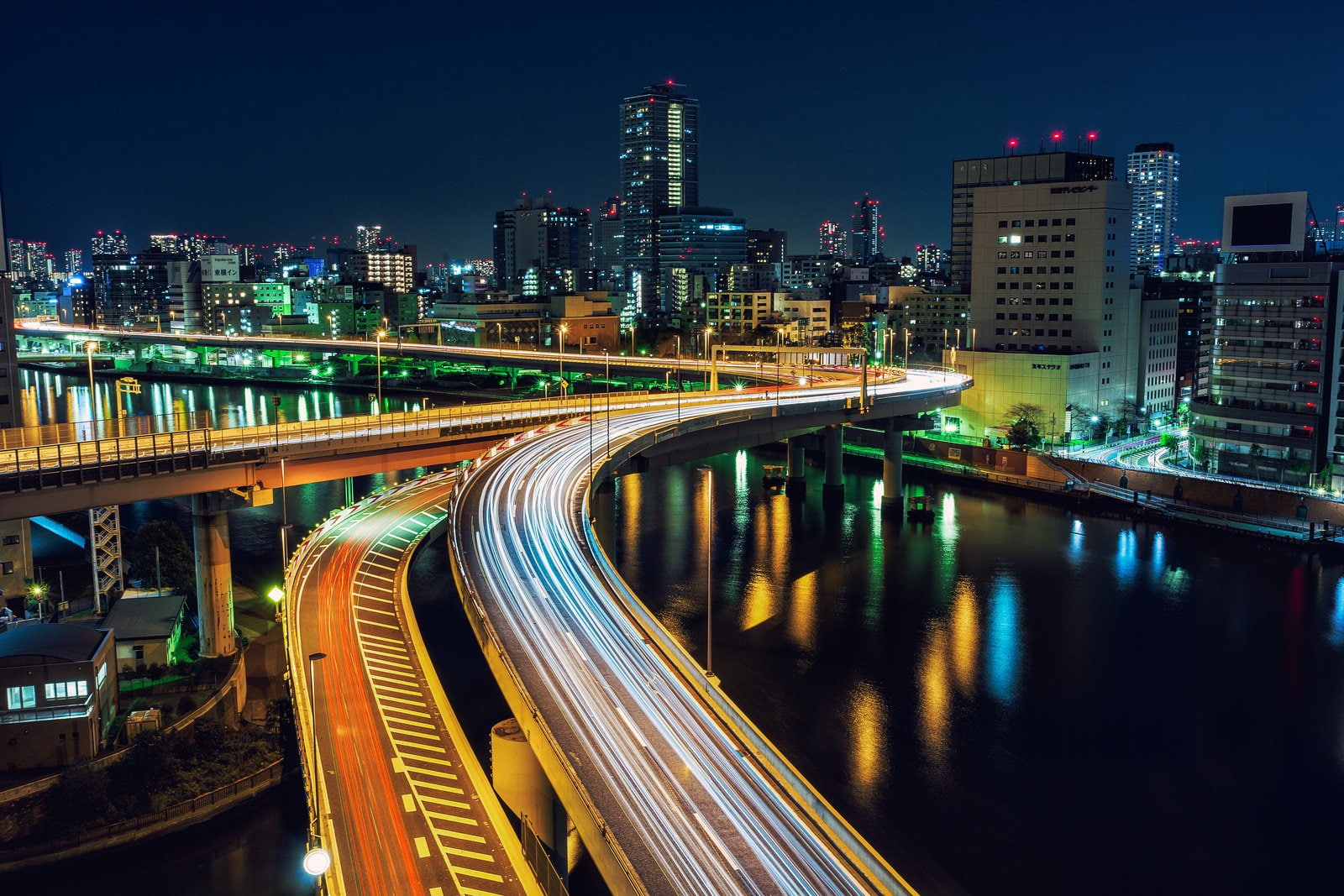 panoramic, panorama, rivers, towers, building, architecture, monuments, 720P, bridges, freeway, cities, tokyo, ray, tower, light, night, japon, japan, HD Wallpaper