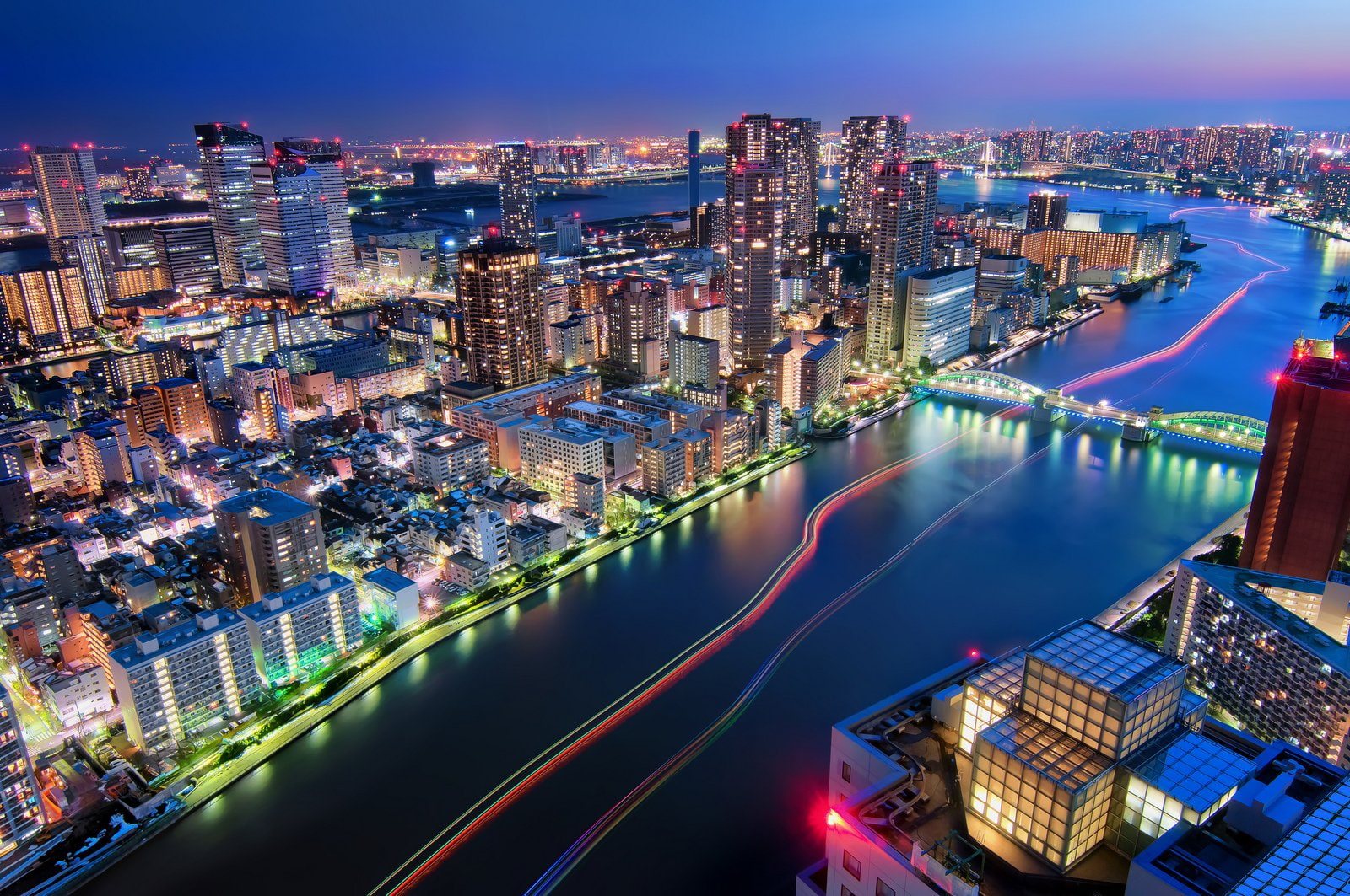 panoramic, japan, bridges, way, rivers, ray, panorama, 720P, night, monuments, cities, tower, light, architecture, towers, tokyo, building, japon, HD Wallpaper