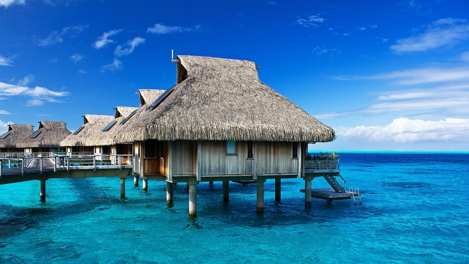 1080P, cloud - sky, scenics - nature, nature, residential district, roof, no people, sea, landscape, outdoors, architecture, hut, sky, blue, building exterior, HD Wallpaper