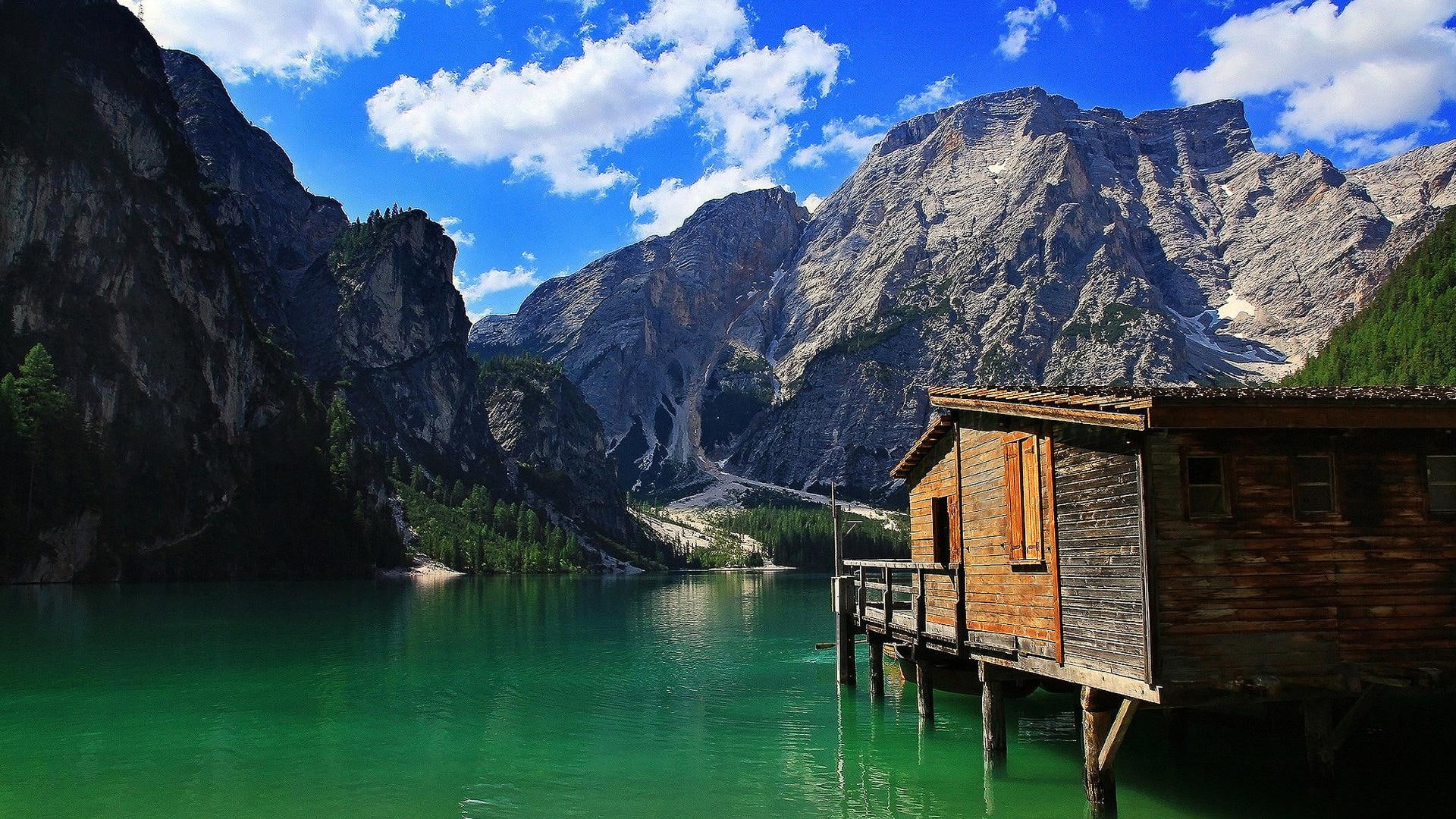clouds, stilts, wondrous, house, mountains, lake, nature and landscapes, 1080P, HD Wallpaper