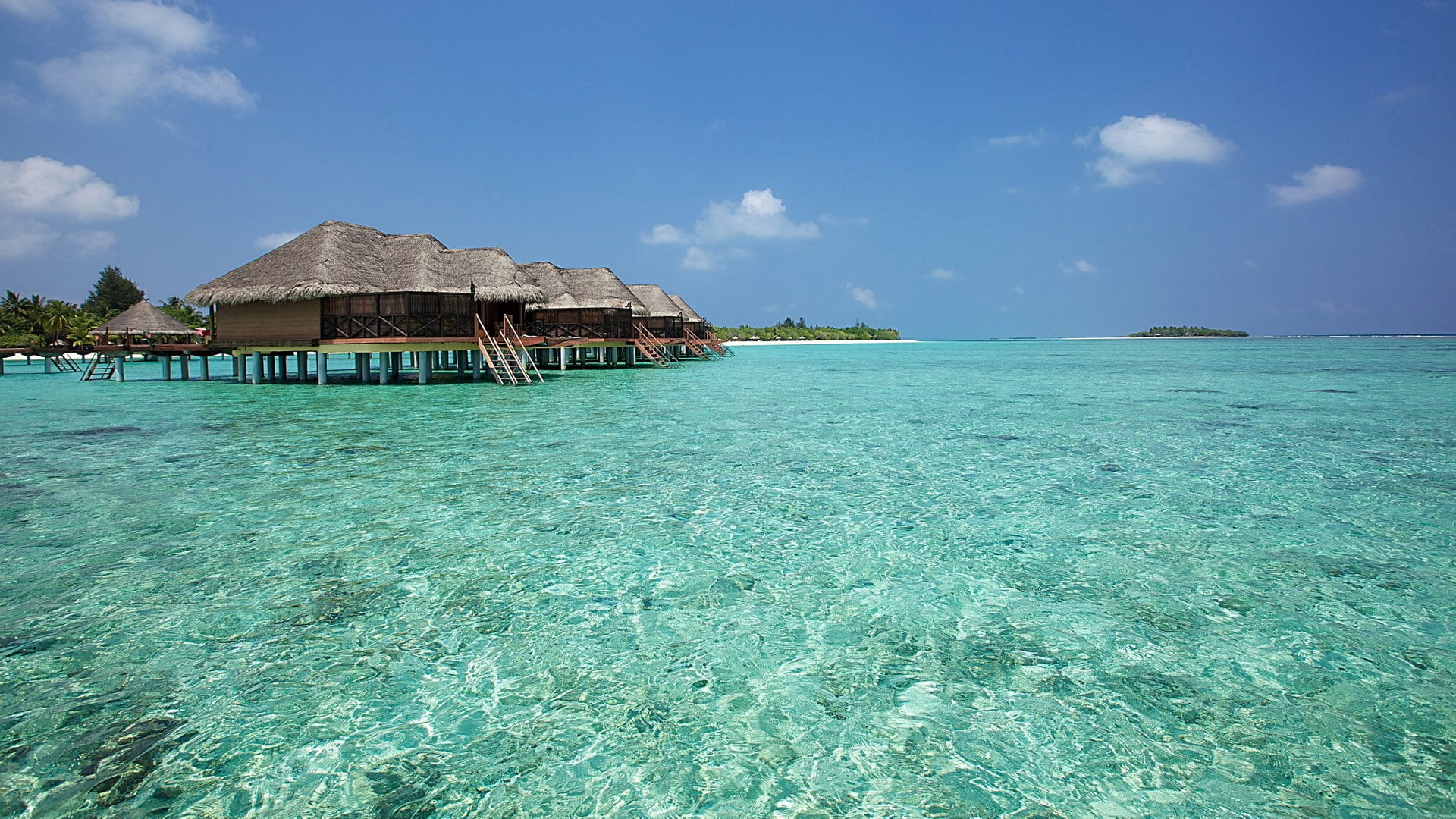 scenics - nature, thatched roof, cloud - sky, blue, building exterior, architecture, lagoon, water, stilt house, residential district, sky, 1080P, outdoors, HD Wallpaper