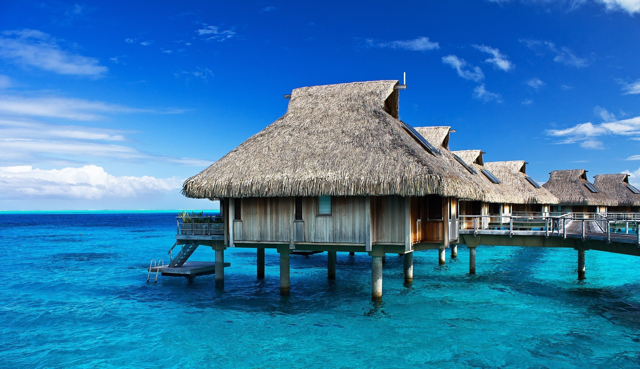 water, built structure, turquoise colored, residential district, building exterior, travel destinations, landscape nature photography resort bungalow sea morning sunlight tropical beach bora bora french polynesia, HD Wallpaper