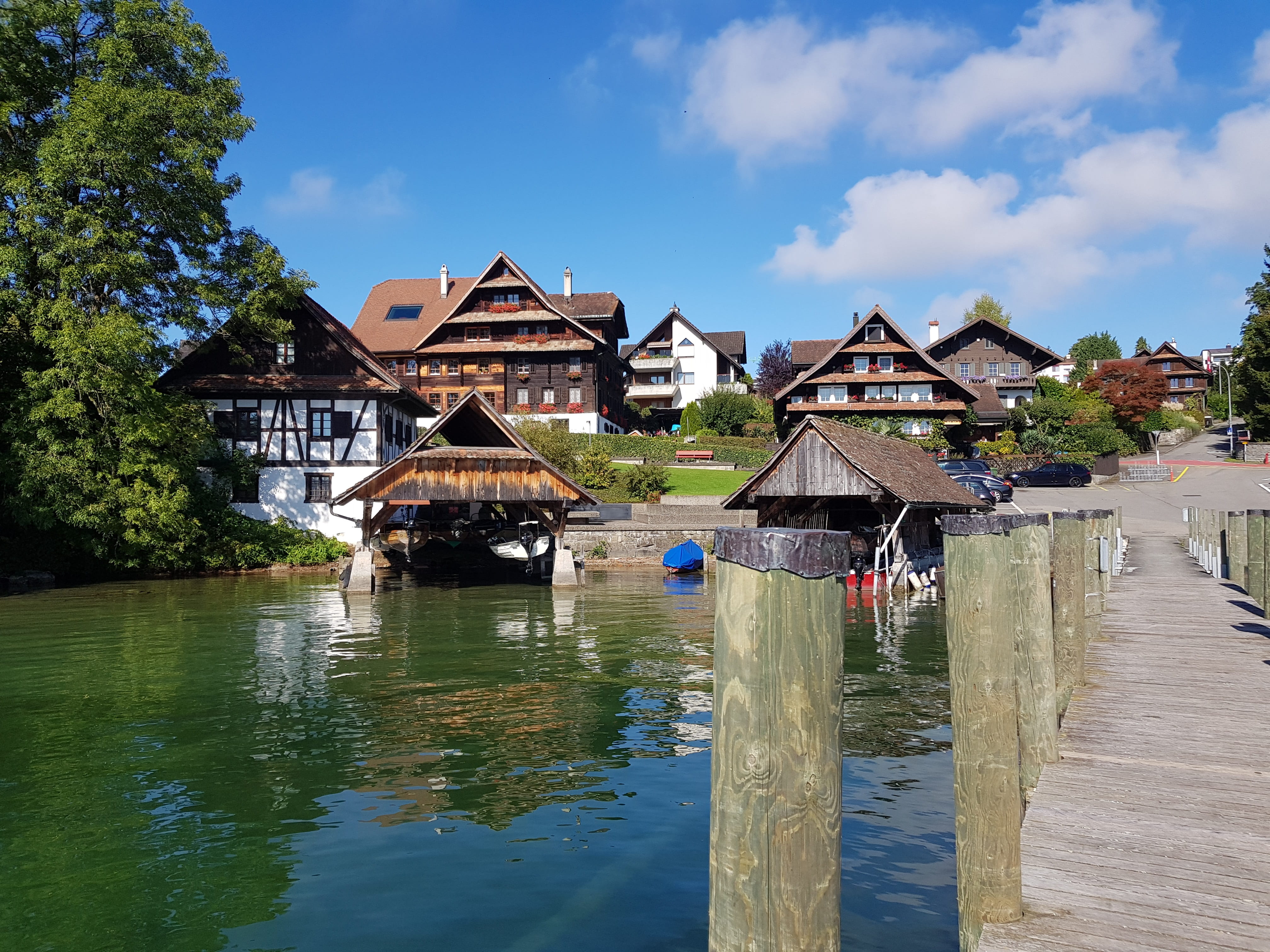 no people, scenic, lakelucerne, lucerne, water, switzerland, residential district, plant, built structure, rural, cloud - sky, building exterior, 4K, day, HD Wallpaper