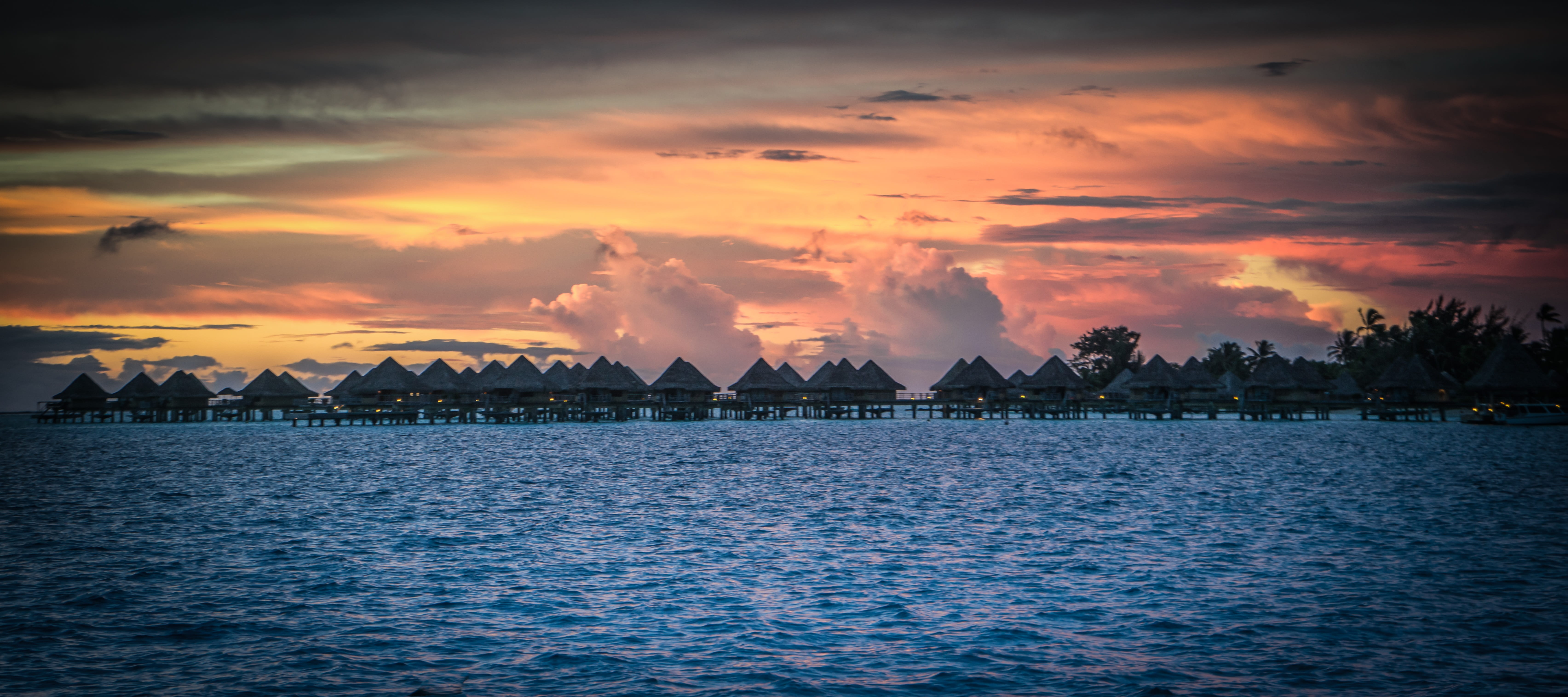 no people, french polynesia, over water bungalows, luxury, south pacific, island, 5K, land, travel, holiday, vacation, brown, sunset, cloud - sky, wooden, HD Wallpaper