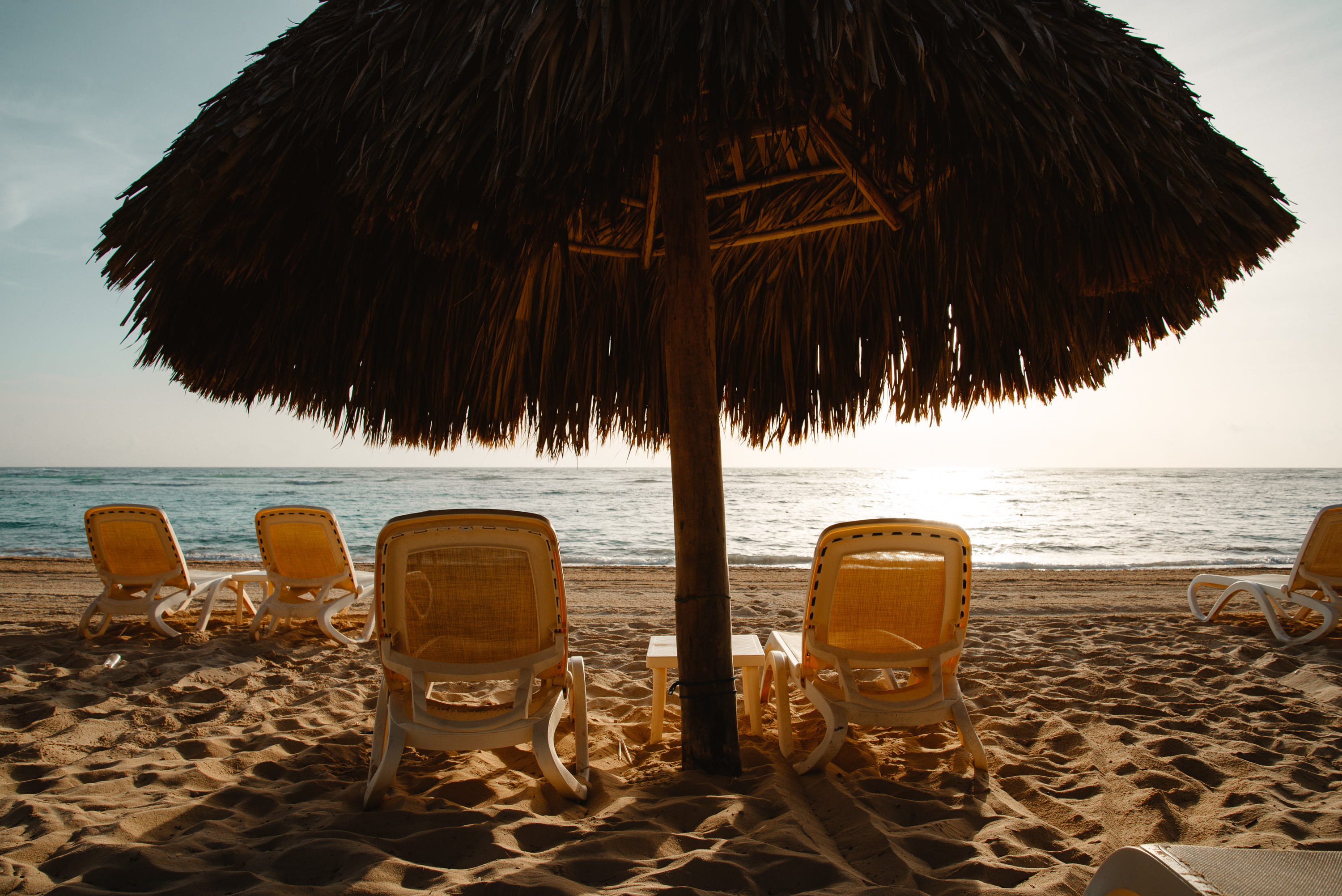 thatched roof, hut, vacation, beach, sand, two, adirondack, furniture, coast, thatching, no people, land, caribbean, parasol, yellow, tranquility, cabana, HD Wallpaper