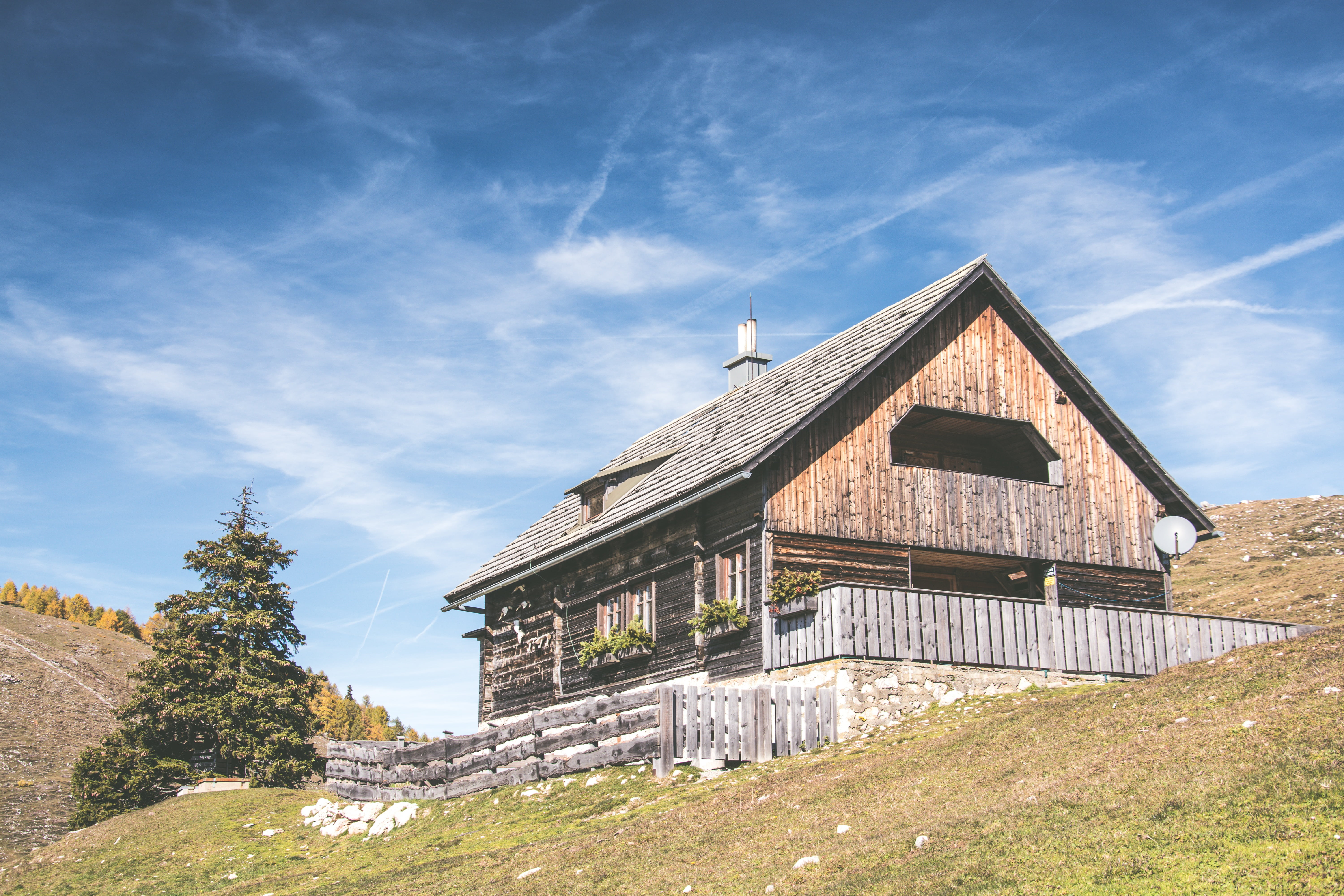 mountains, plant, mountain, cloud - sky, 5K, austria, hospice, blue, travel, clouds, landscape, pine, chalet, nature, built structure, history, cabana, HD Wallpaper