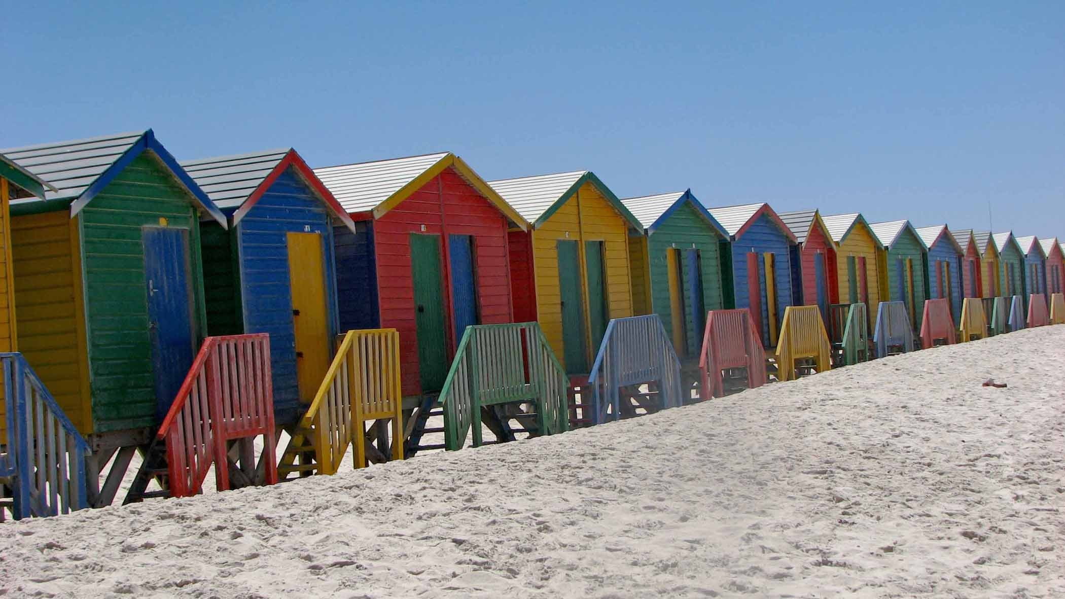 coastline, multi colored, 1080P, beach hut, architecture, colorful, built structure, south africa, order, side by side, water, sunlight, in a row, no people, HD Wallpaper