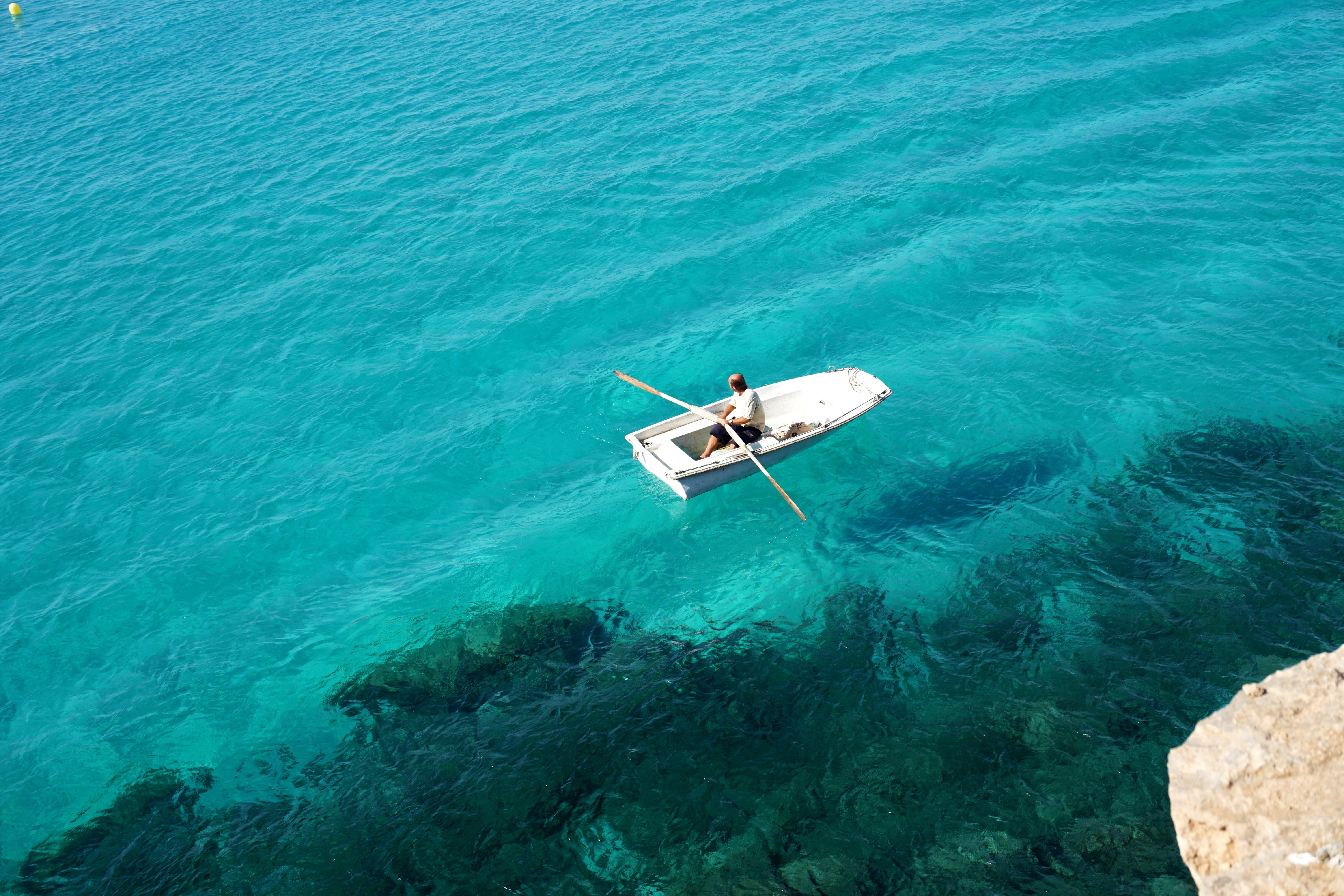 turquoise colored, trip, boat, mediterranean, scenics - nature, 5K, turquoise, real people, travel, fisherman, formentera, holiday, sea, waterfront, cliff, HD Wallpaper
