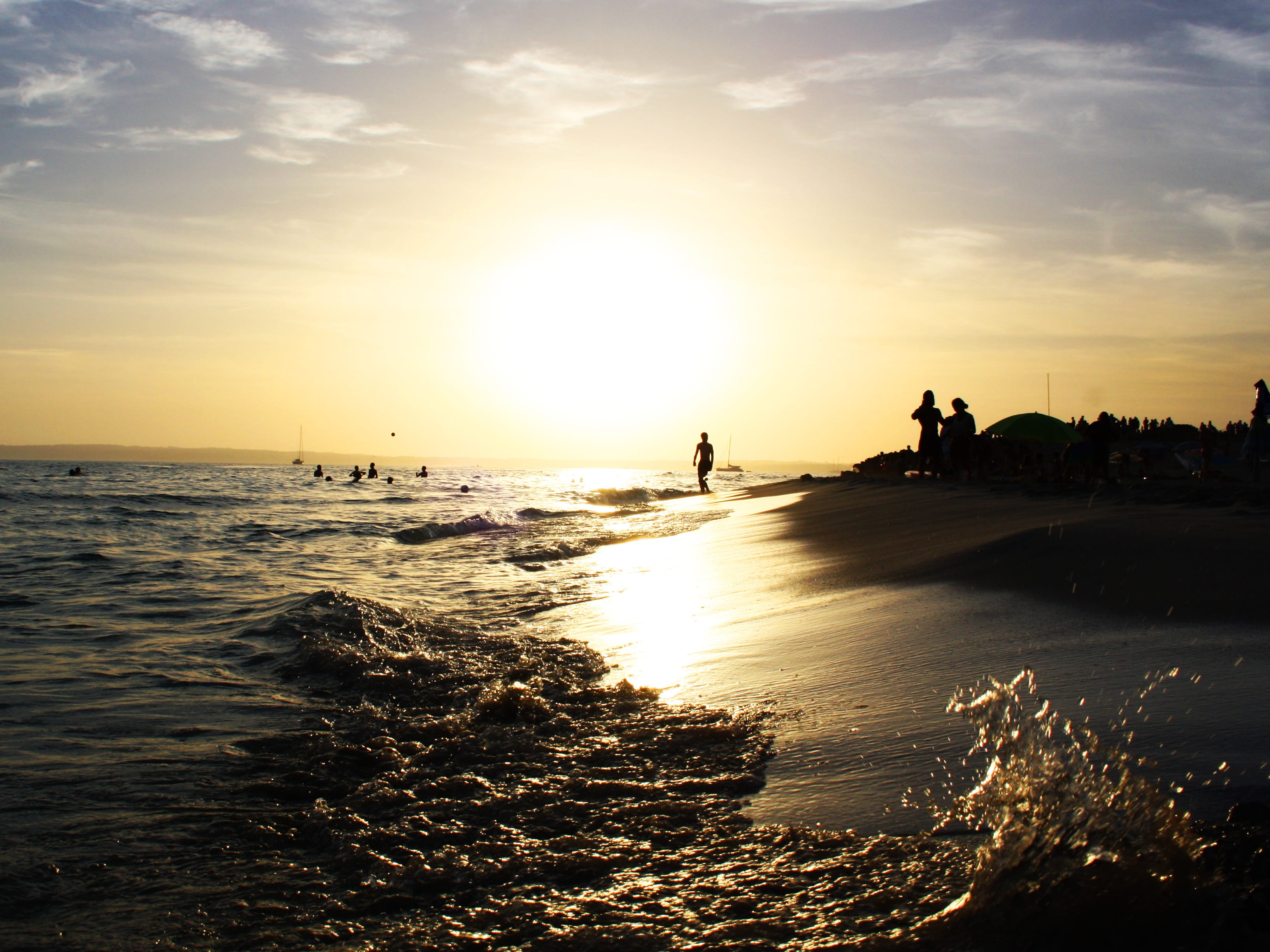 leisure activity, silhouette, sunlight, peace, formentera, group of people, near, cloud - sky, sunset, land, beach, sun, people, silence, horizon, nature, HD Wallpaper