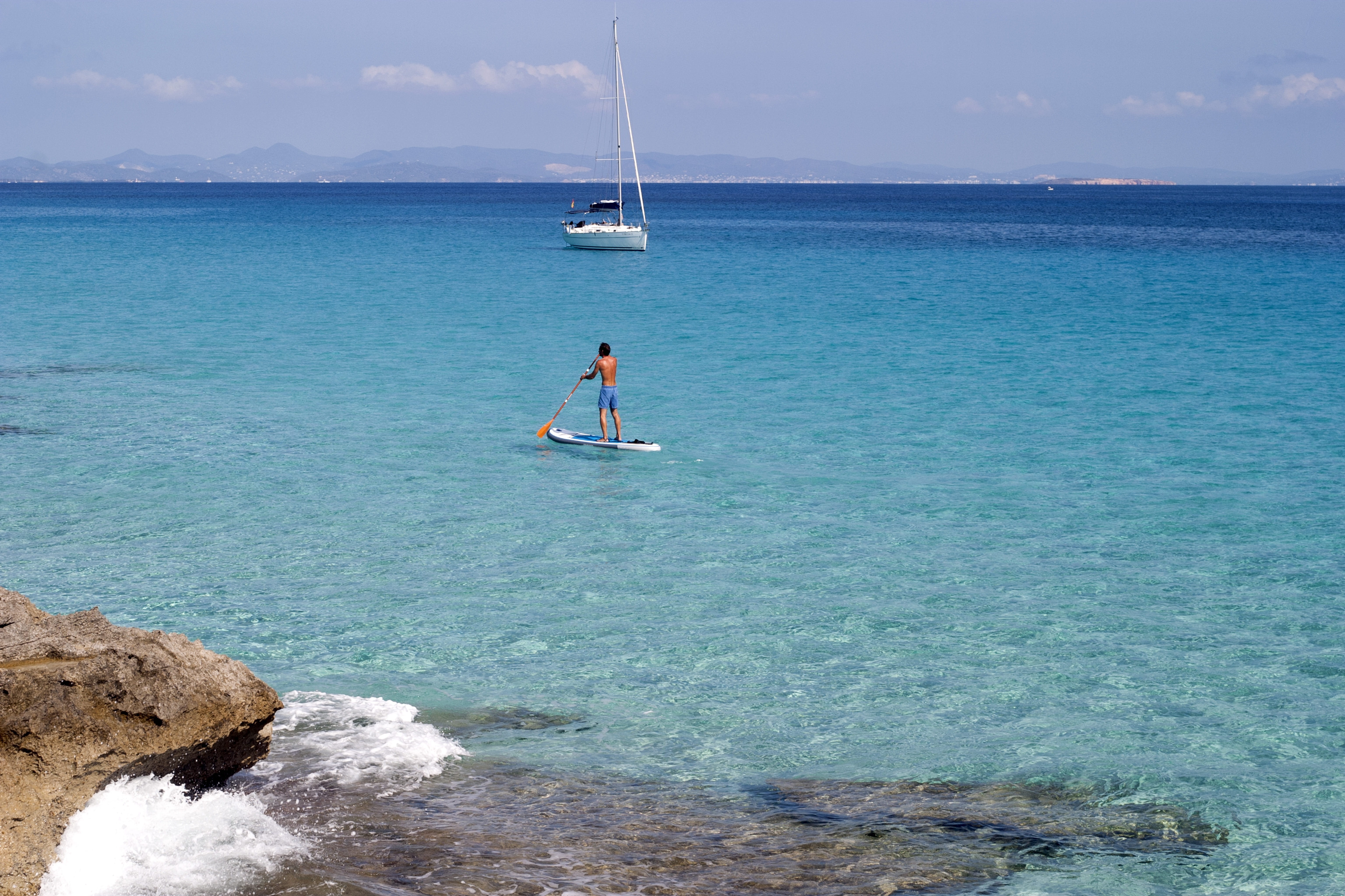 vacations, tranquility, bodies Of Water, outdoors, kayak, 5K, summser, Formentera, one person, real people, leisure activity, blue, full length, horizon, HD Wallpaper