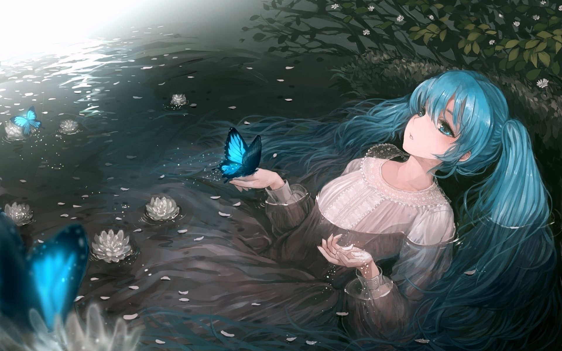 w, art, hatsune, water, wet, hd, dreams, animals, girls, hair, 1080P, clothing, miku, blue, butterflies, vocaloid, x, anime, HD Wallpaper