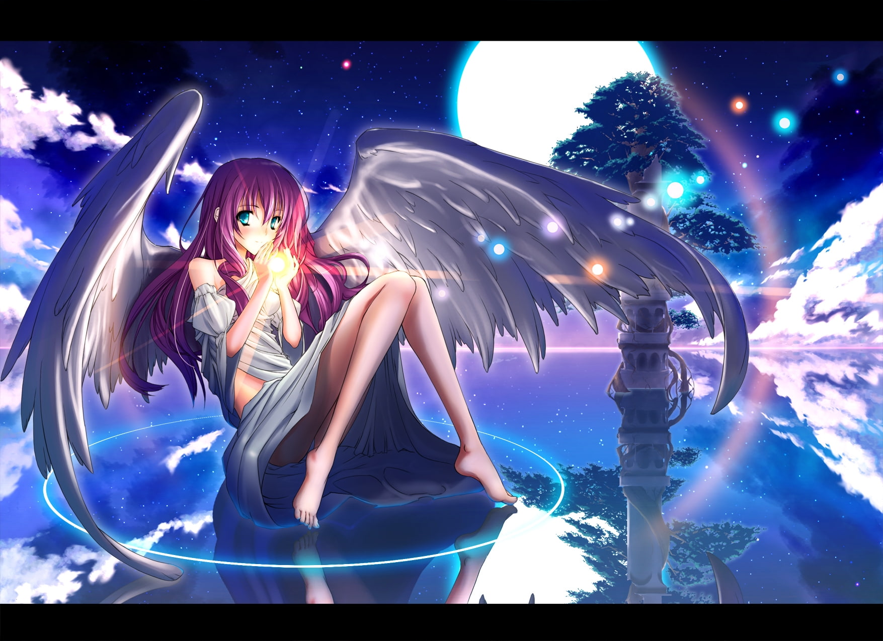 moon, angel, anime, eyes, hd, fantasy, artwork, pink, clouds, angels, stars, art, blue, 720P, hair, wings, space, water, moons, girls, HD Wallpaper