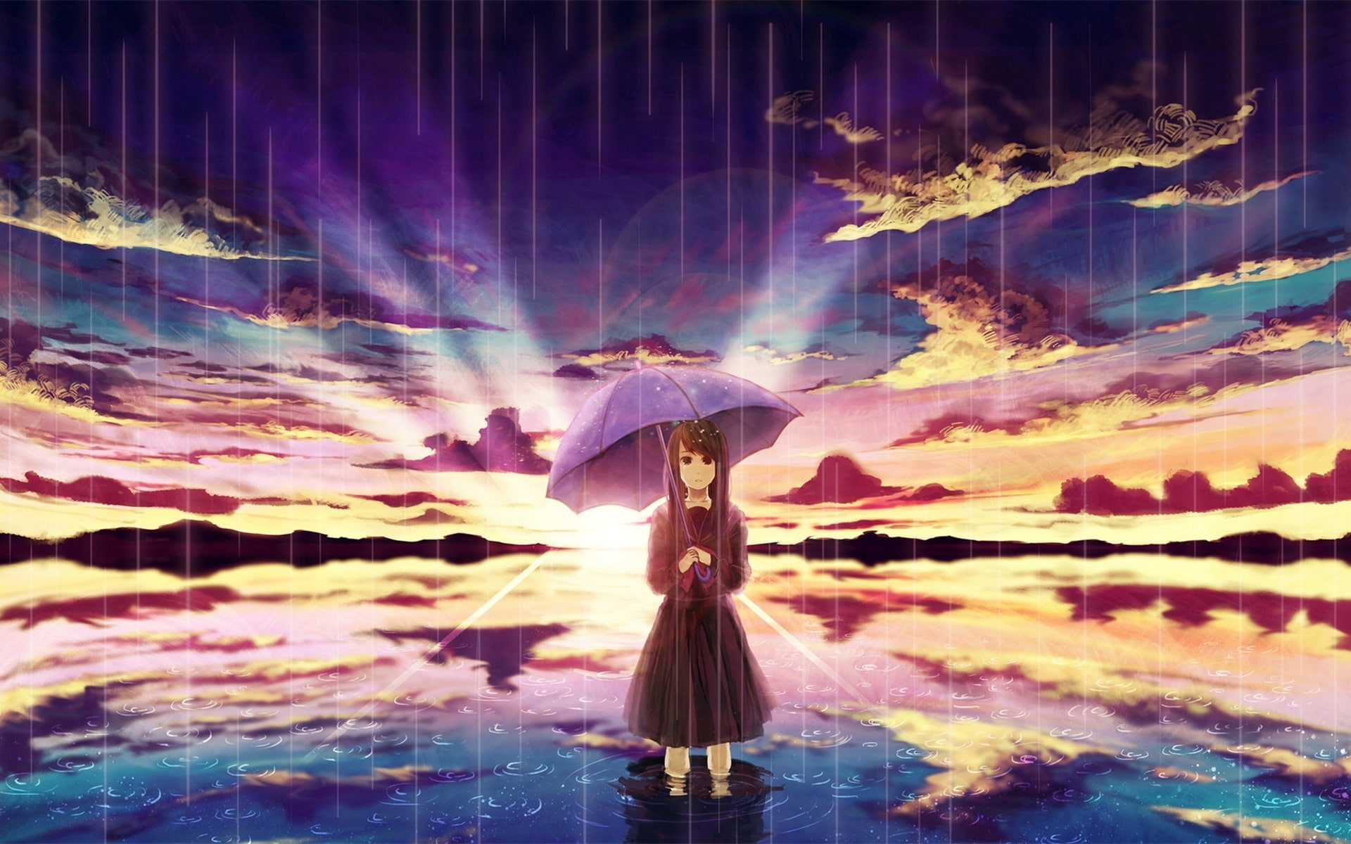 Water, Sunset, Clouds, Umbrella, 1080P, Anime, Rain, Girl, HD Wallpaper