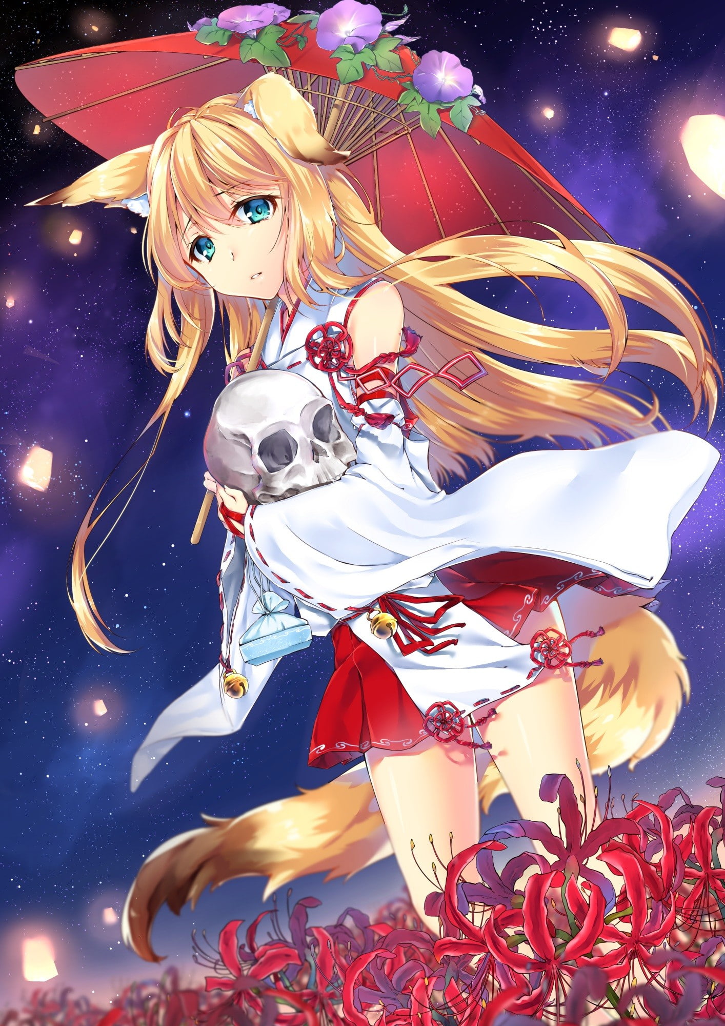 flowers, long hair, anime, 1080P, anime girls, hair, girls, umbrella, miko, long, Phone HD Wallpaper