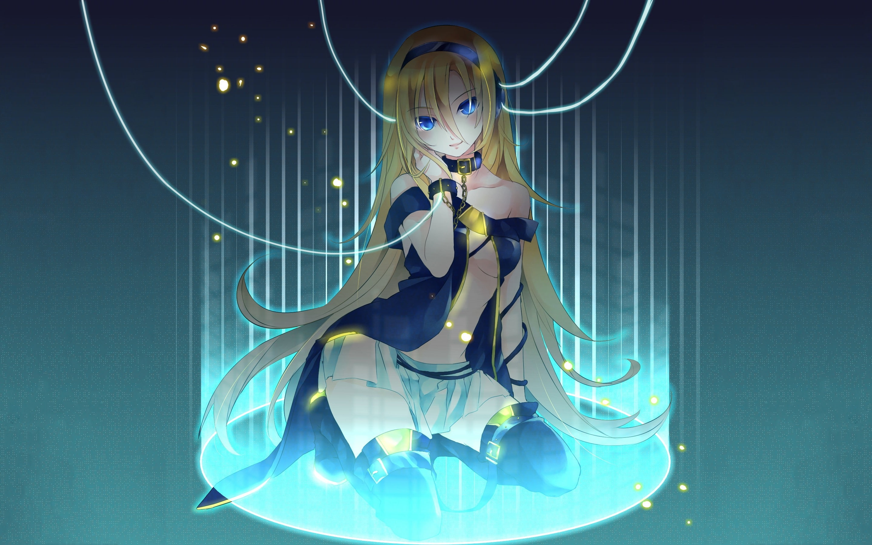 eyes, hd, 2K, blue, art, thigh, headphones, hair, belts, girl, highs, long, hot, sitti, dress, vocaloid, anime, blondes, skirts, HD Wallpaper