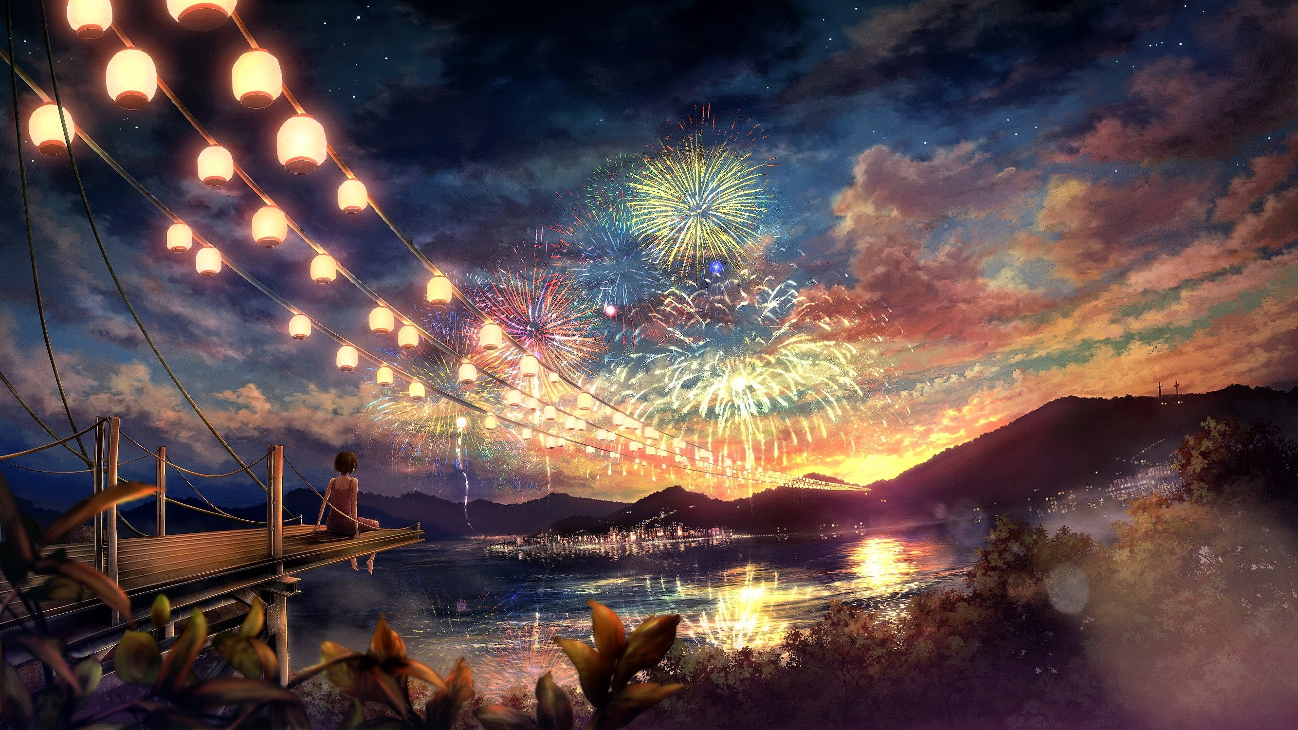 2K, chinese, Scenic, nature, lantern, art, fireworks, cities, hd, Landscapes, Trees, girls, anime, Clouds, HD Wallpaper