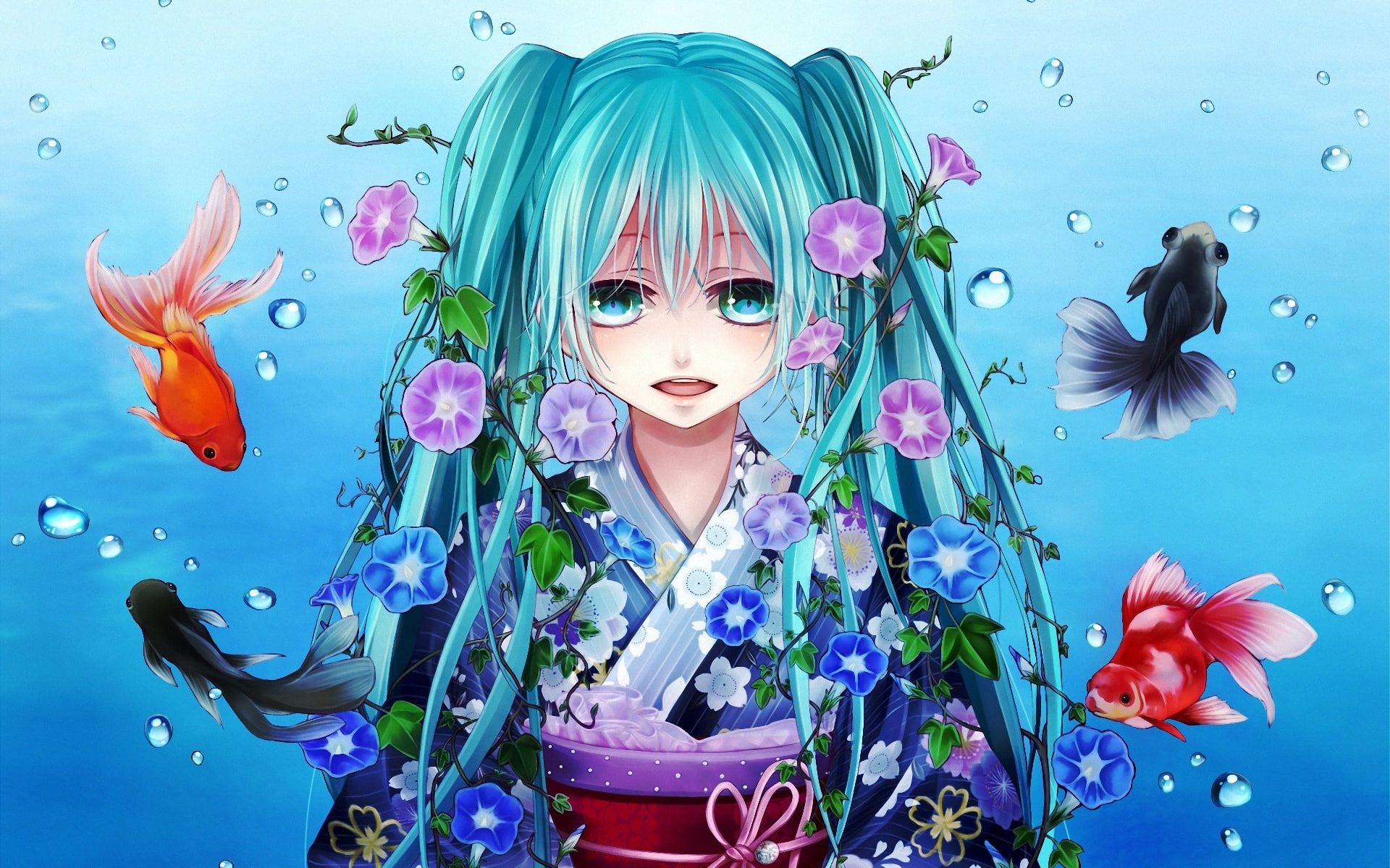 1080P, Hatsune, Blue, Fish, Girl, Flowers, Hair, Miku, Water, HD Wallpaper