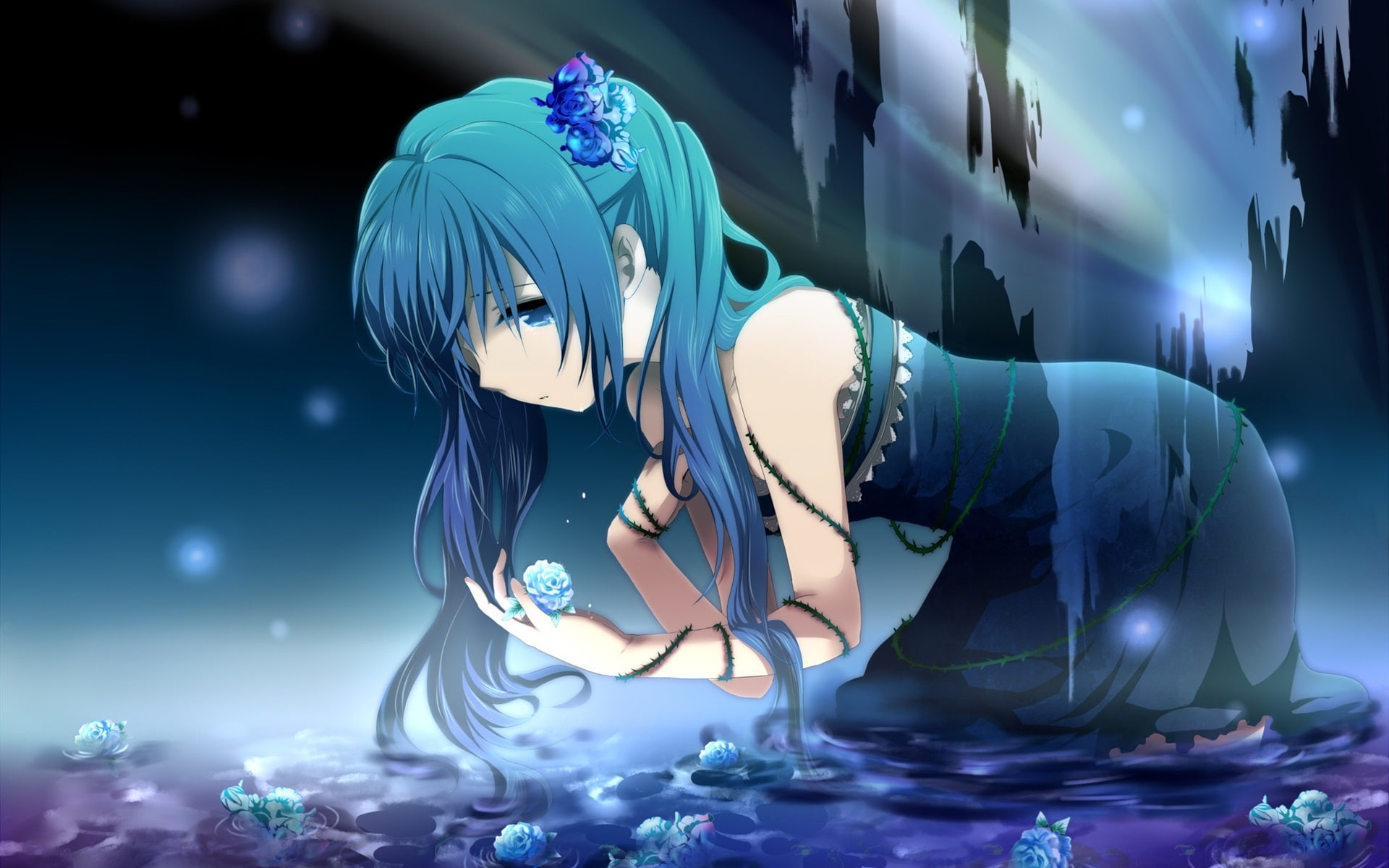 1080P, Miku, Roses, Water, Anime, Flowers, Girl, Hatsune, HD Wallpaper