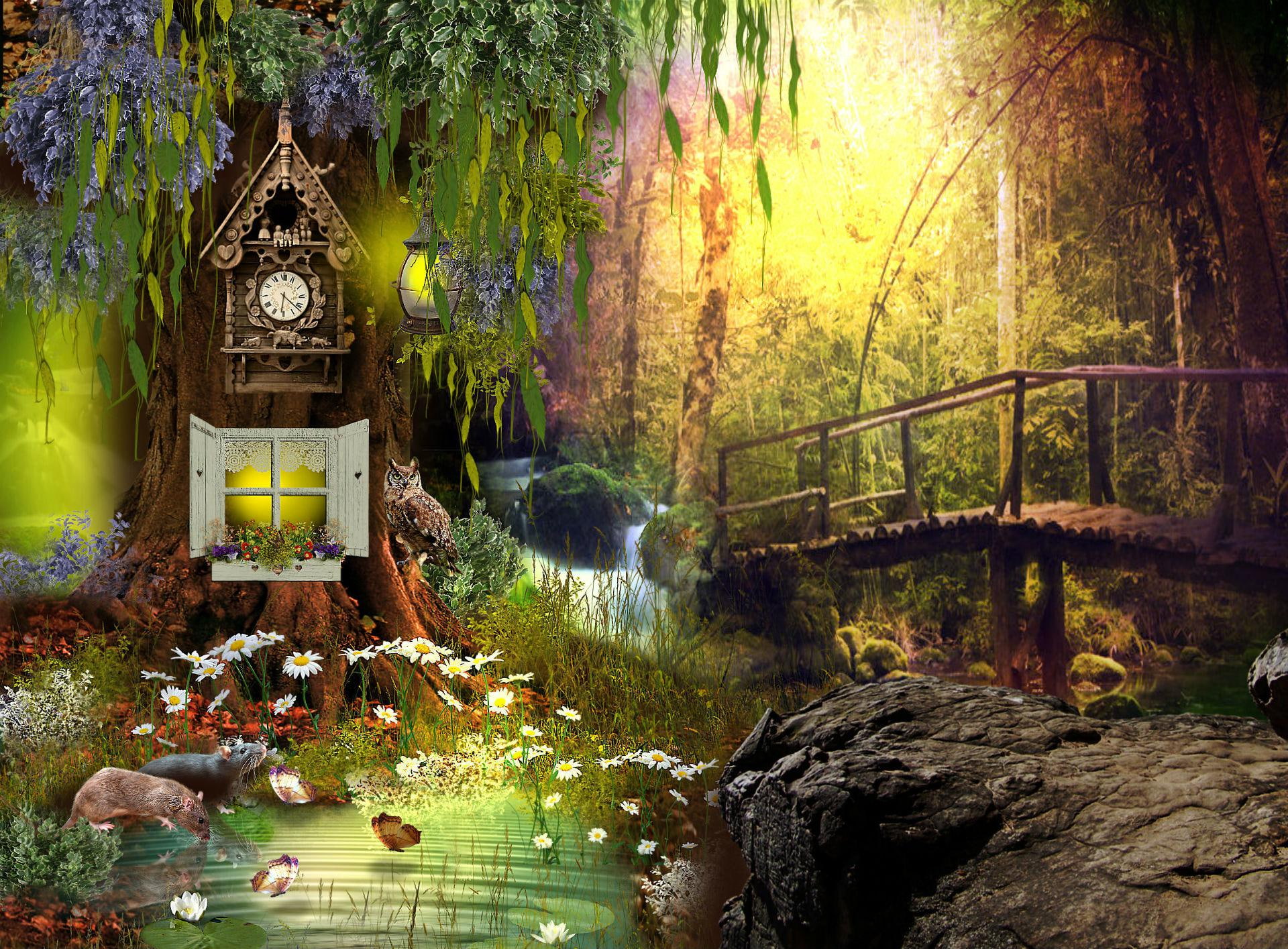 fantasy, forest, trees, animals, 1080P, phone, HD Wallpaper