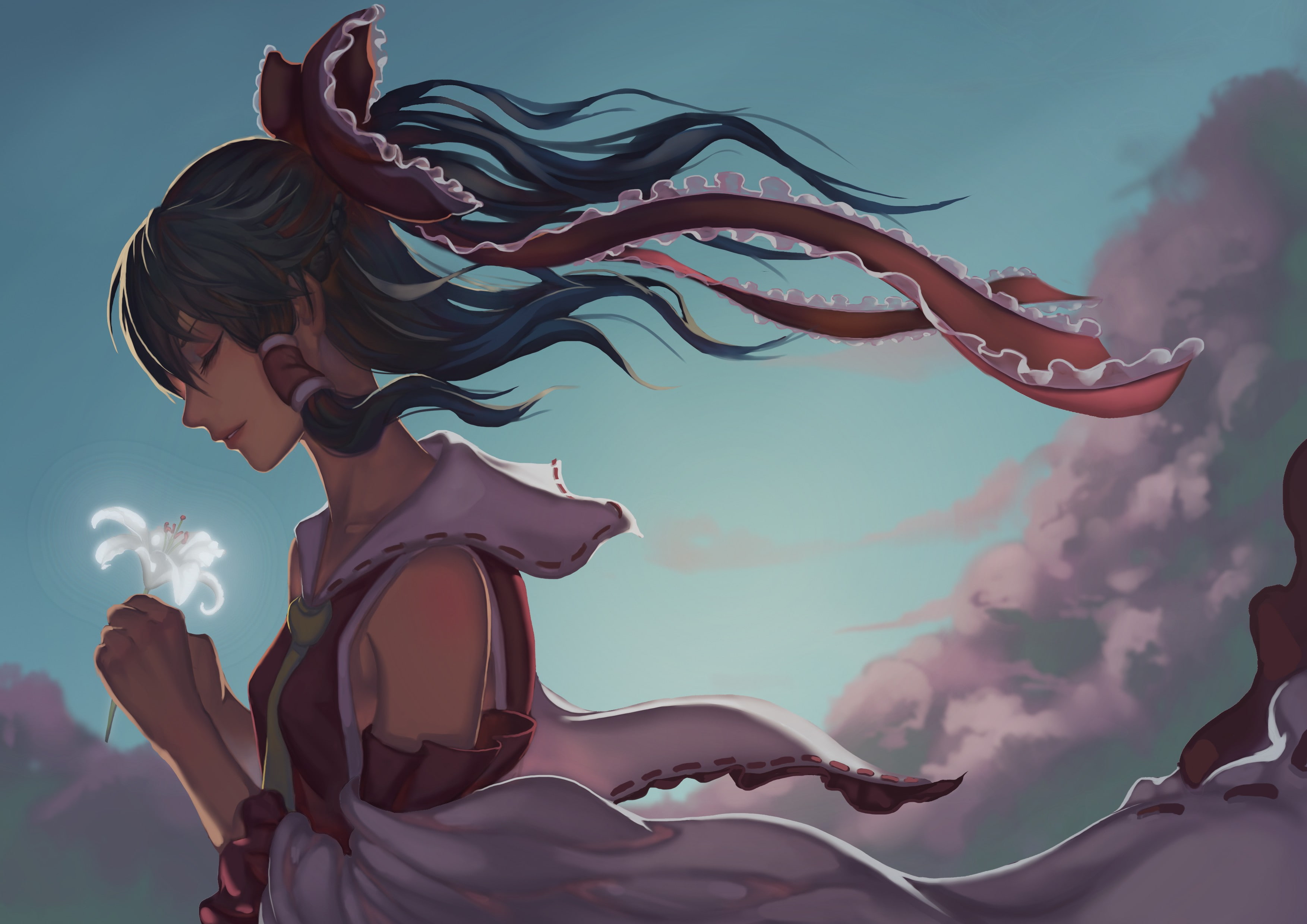 hakurei, touhou, flowers, clouds, reimu, 2K, hakurei reimu, HD Wallpaper