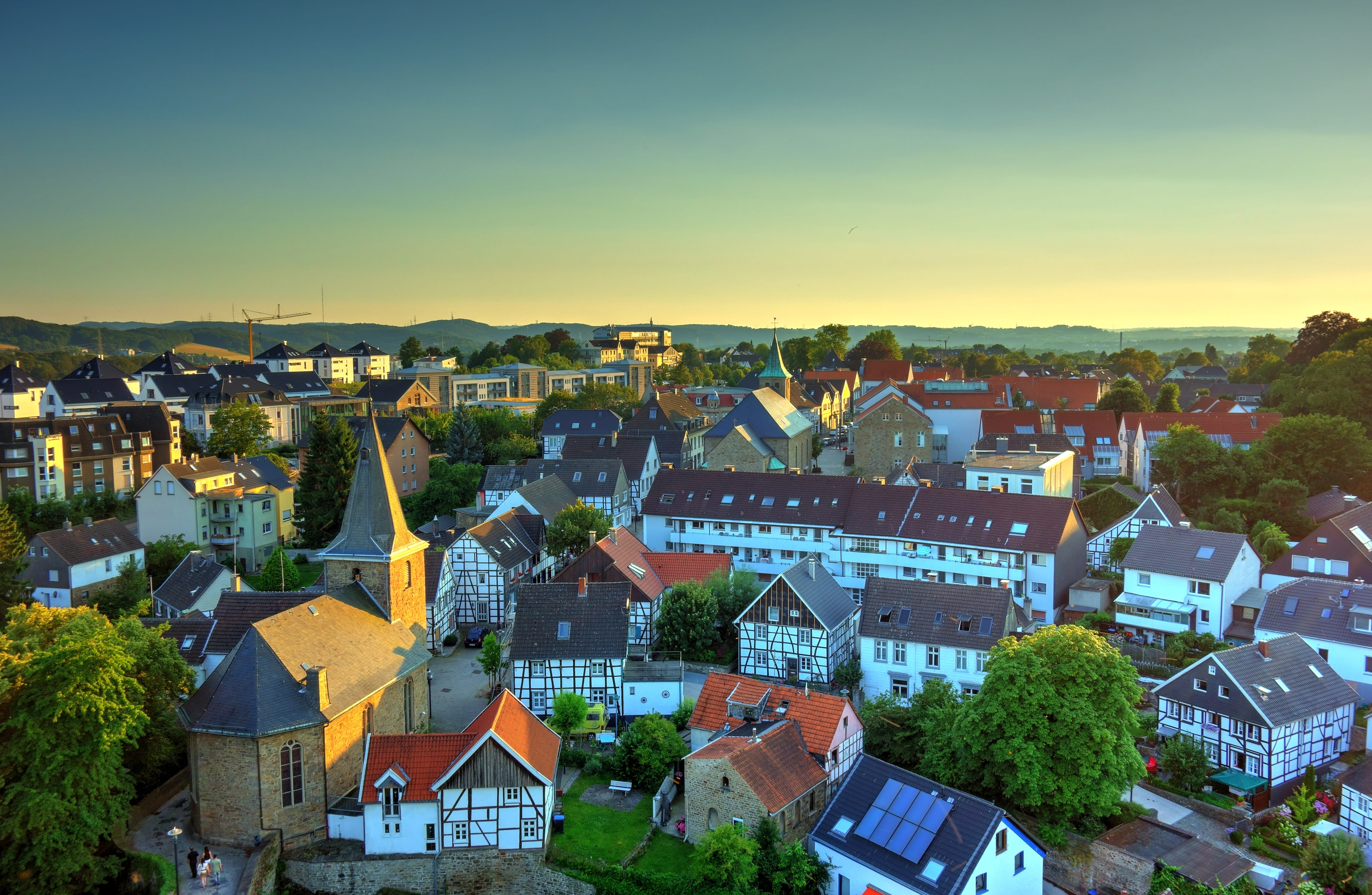 high angle view, daytime, building, city view, building exterior, truss, assorted, old town, 5K, residential district, tree, color, germany, house, clear sky, HD Wallpaper