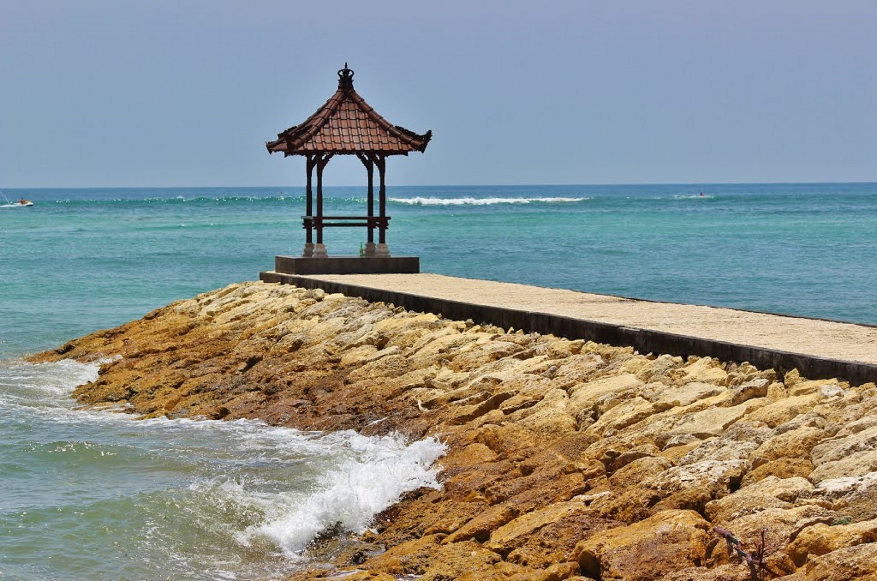 asian, tranquil scene, solid, nusa dua, horizon over water, scenics - nature, architecture, tranquility, fun, nature, gazebo, ocean, motion, waves, horizon, HD Wallpaper