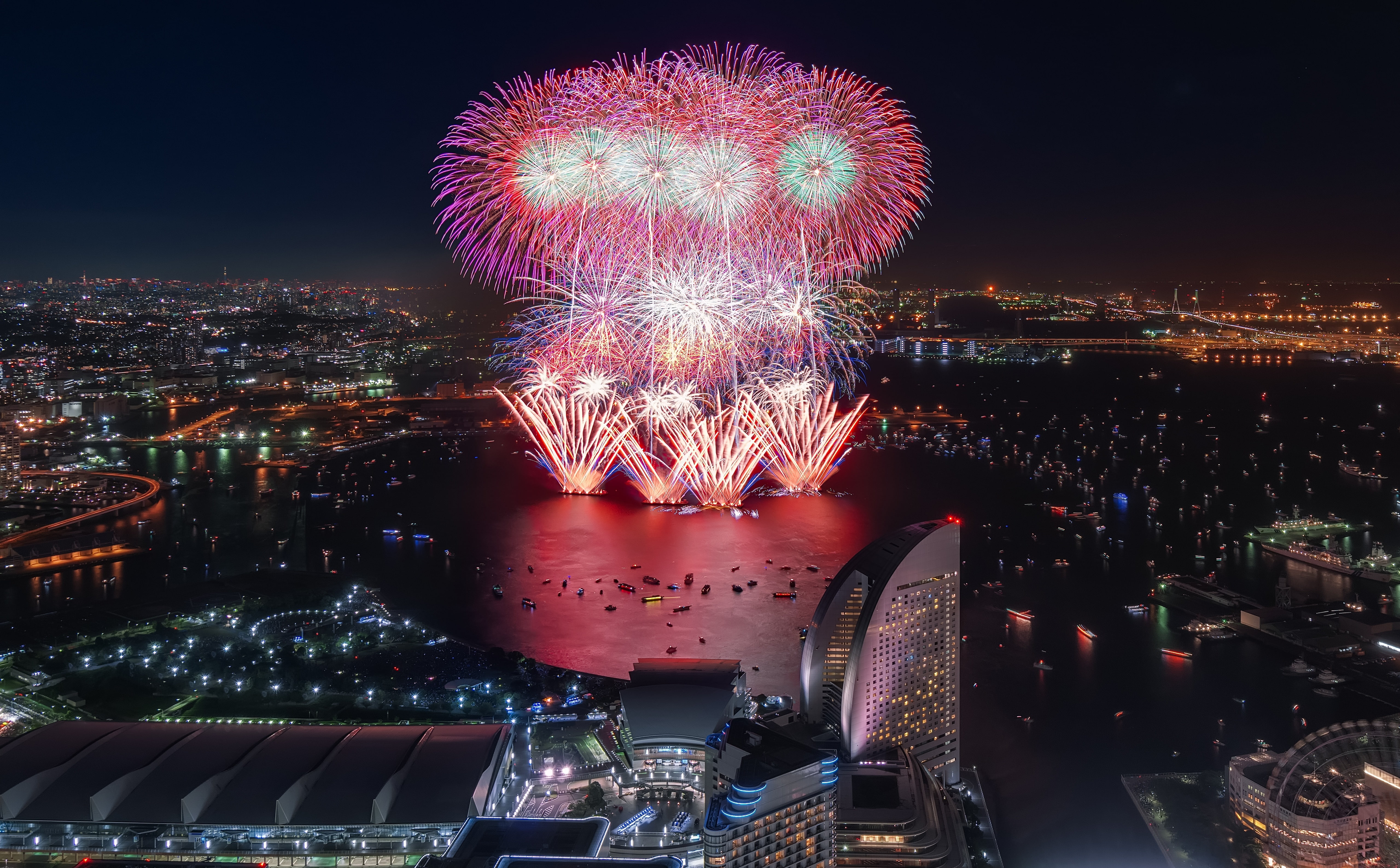 pink, firework - man made object, firework display, outdoors, motion, building, 5K, long exposure, no people, office building exterior, illuminated, sky, HD Wallpaper